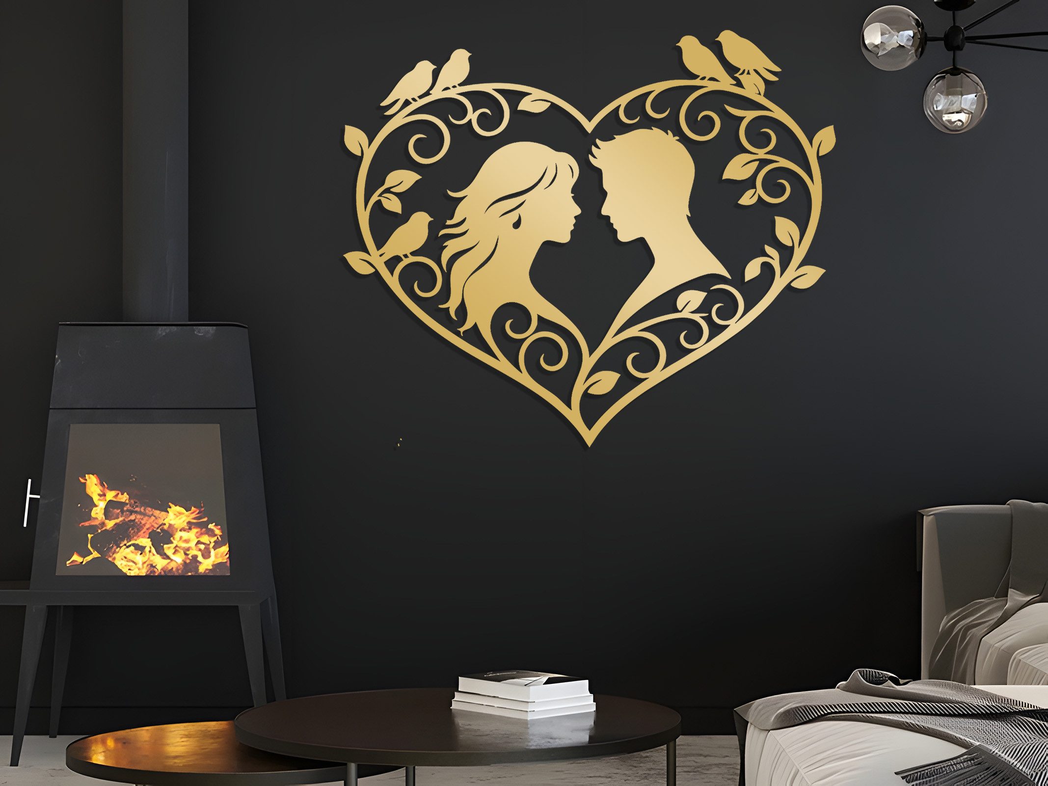 Jumpeak Wanddekoobjekt Herz Wanddekoration für Paare, Vögel, Blätter mit Rankenmuster, Liebe, Metall,4 Farben,2 Größen,Retro, Romantisch, Elegant,Wandkunst,Hochzeit