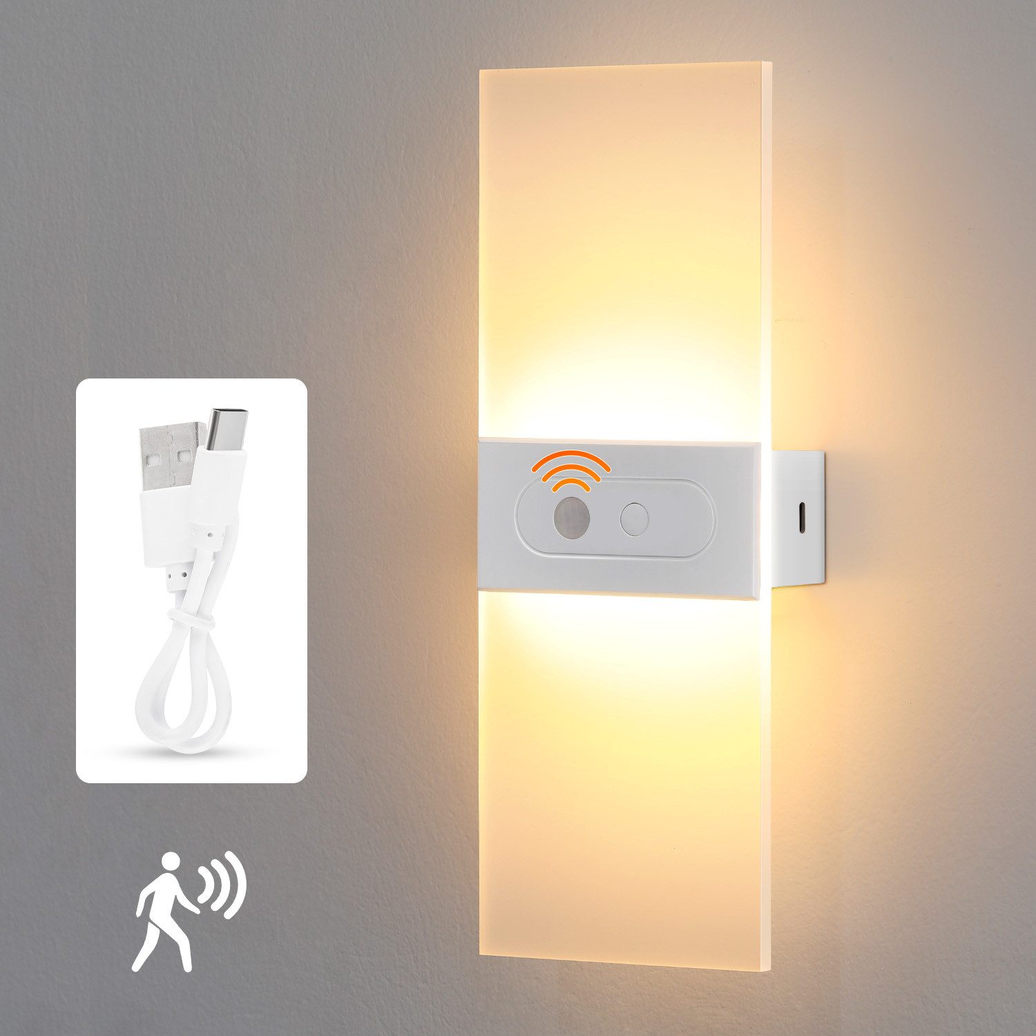 oyajia LED Wandleuchte LED Wandleuchte mit Bewegungsmelder, 2200mAh Akku USB Treppenlicht, Warmweiß, Innenbeleuchtung Nachtlicht, USB Aufladbare Acryl Wandbeleuchtung 27cm