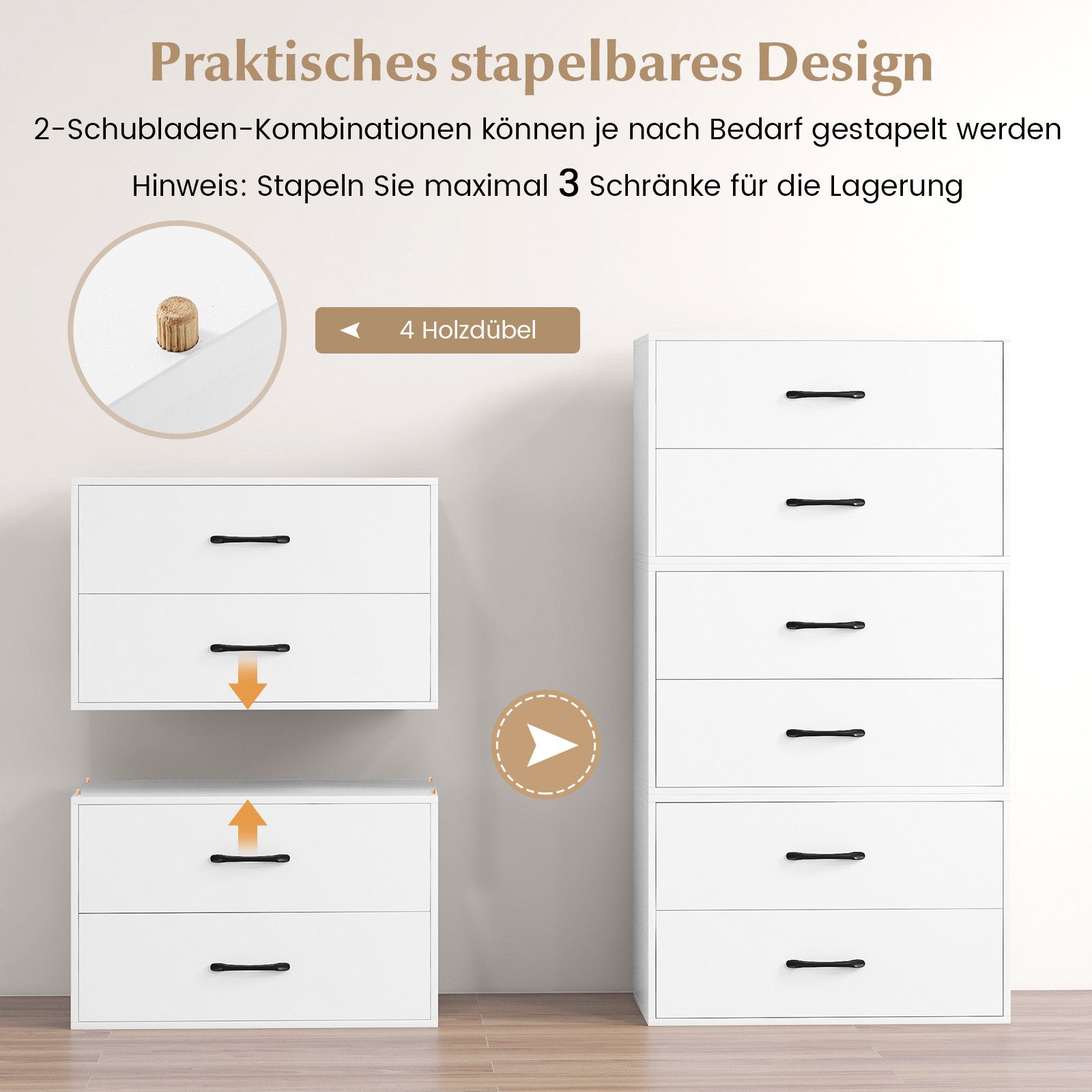 COSTWAY Nachtschrank 2 Schubladen, Schubladenschrank stapelbar, 60x34x38cm