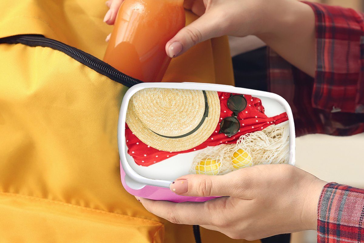 Erwachsene, Mädchen, Kinder, - Kunststoff, Snackbox, Sommer Kunststoff für Brotdose Sonnenbrille MuchoWow Brotbox rosa Hut, (2-tlg), - Lunchbox