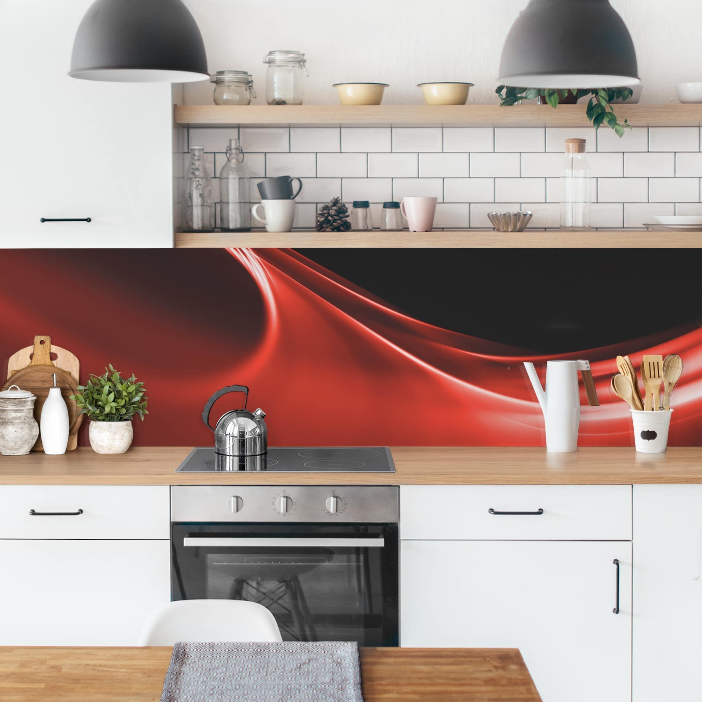 Bilderdepot24 Küchenrückwand rot dekor Abstrakt Wandpaneel Red Wave Wandverkleidung Küche, (1-tlg., Nischenrückwand - für Fliesenspiegel ohne Bohren - matt), Spritzschutz Rückwand Küche Herd - Folie selbstklebend versch. Größen