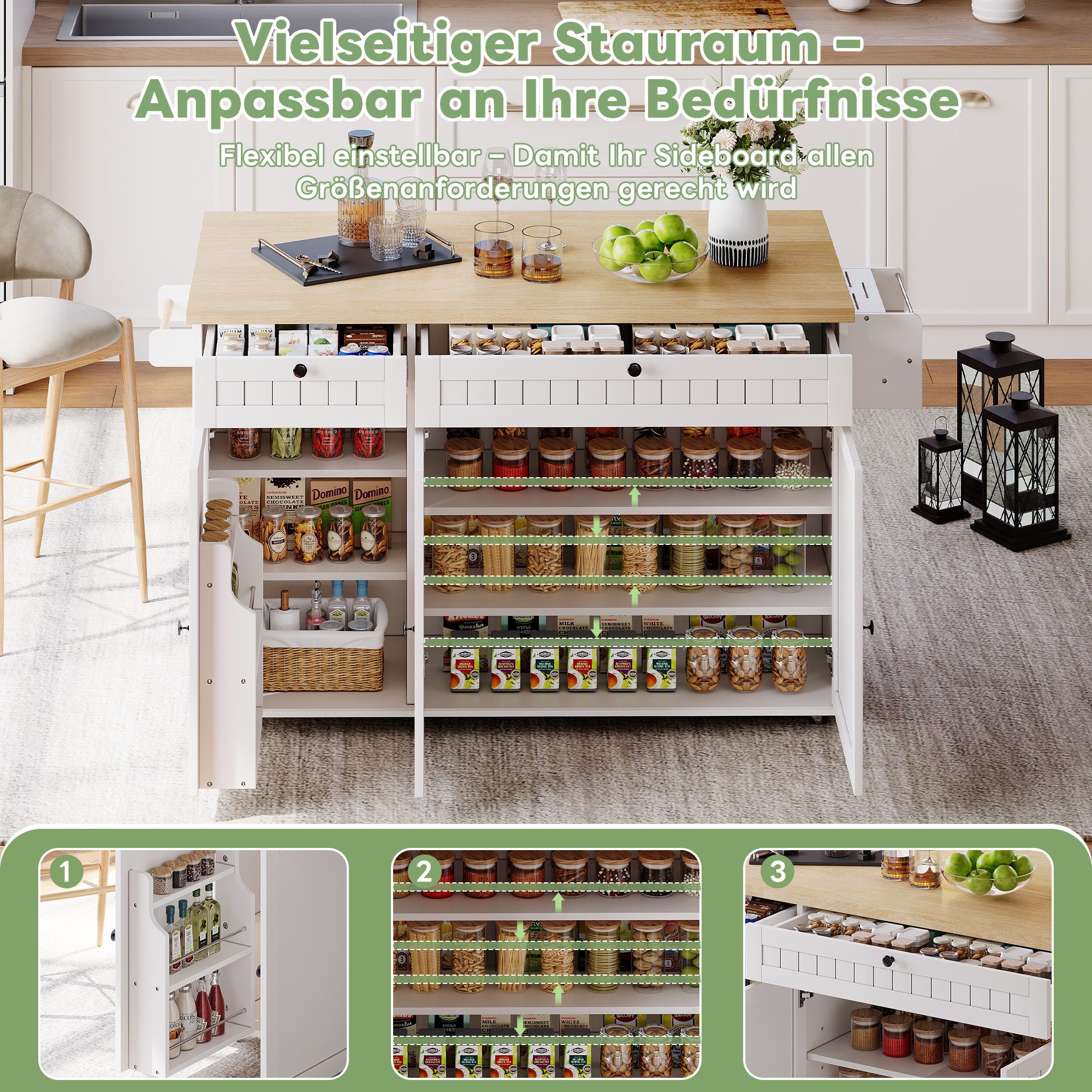 i@home Kücheninsel mit klappbarer Arbeitsplatte,Küchenschrank auf 6 feststellbaren Rollen, (mit Ablage,Türregal,2 großen Schubladen und Schrank 137 x 89,5 x 45 cm)