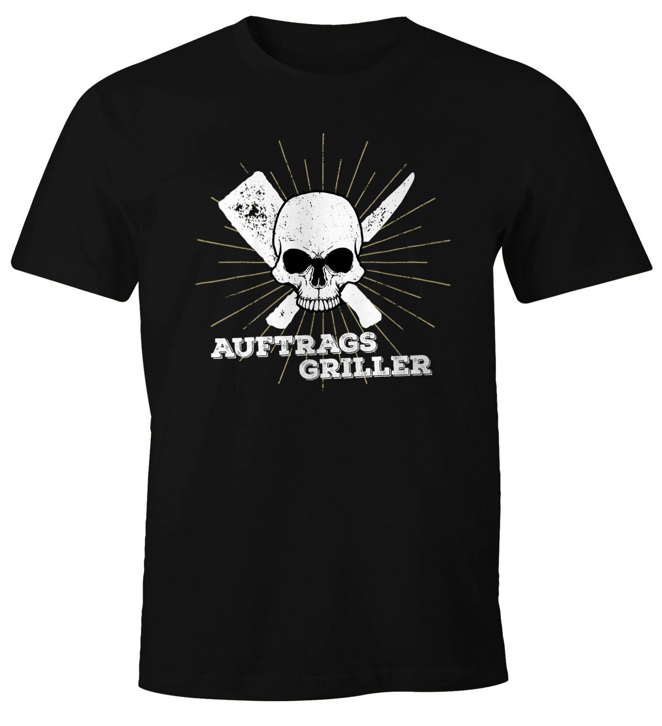 Tee Foodie Barbecue Moonworks® Skull BBQ Fun-Shirt Print Grillen Sommer MoonWorks Motiv-Shirt Print-Shirt mit T-Shirt Herren Auftragsgriller