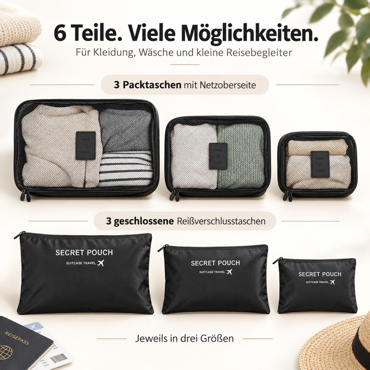 HS.SUPPLY Reisetasche 6er Set Reise-Organizer wasserdicht – Kleidung & Zubehör sortieren (6-teiliges Set), im praktischen Design, wasserdicht, große Kapazität – Bild 4 von 5