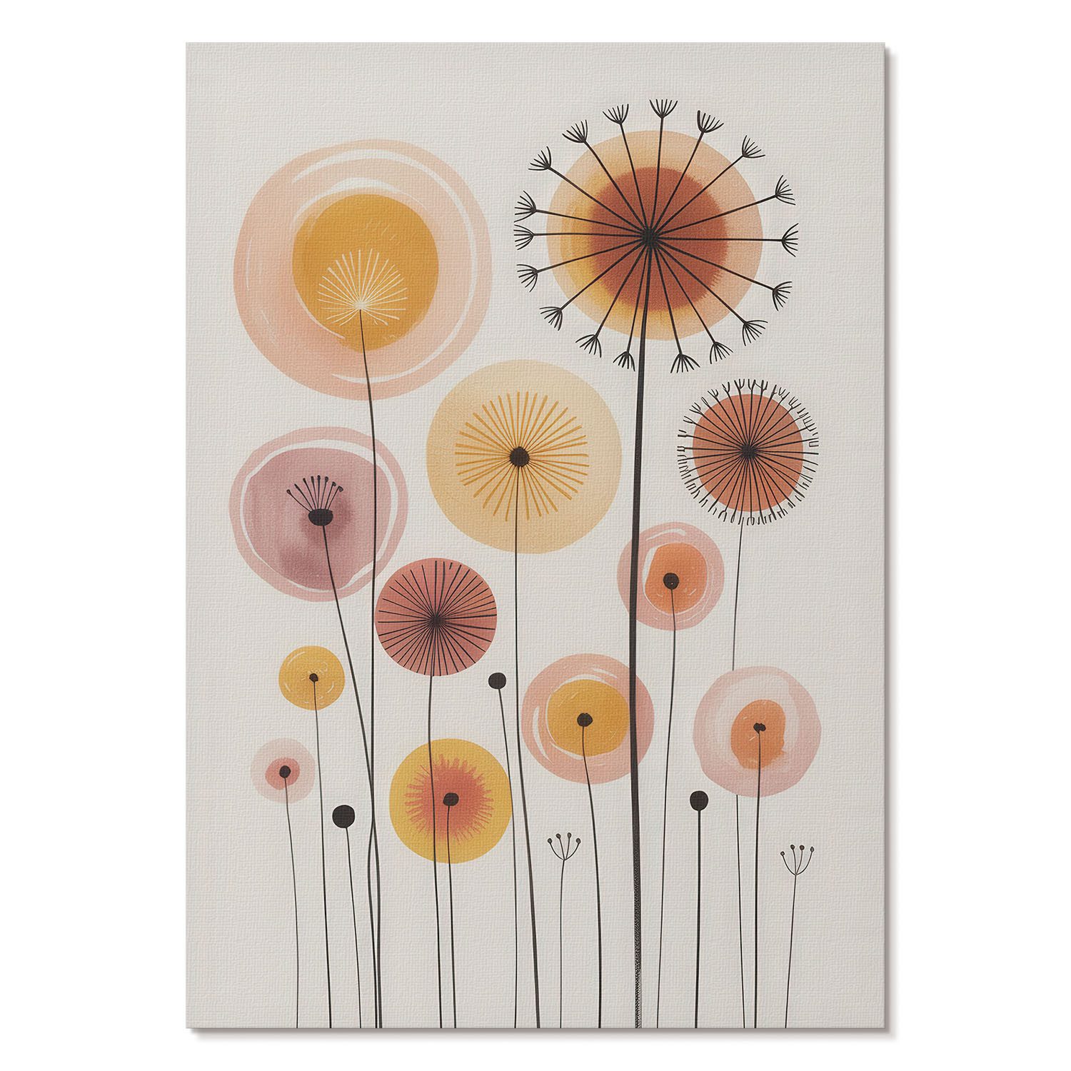 Tulup Poster auf Leinwand Kunstdrucke Wandbilder Retro Wandposter Deko Bilder, Anna Iris Novakowski - Pastellfarbene Löwenzahnblüten, Gelb, Illustration, Modern, Blumen und Pflanzen