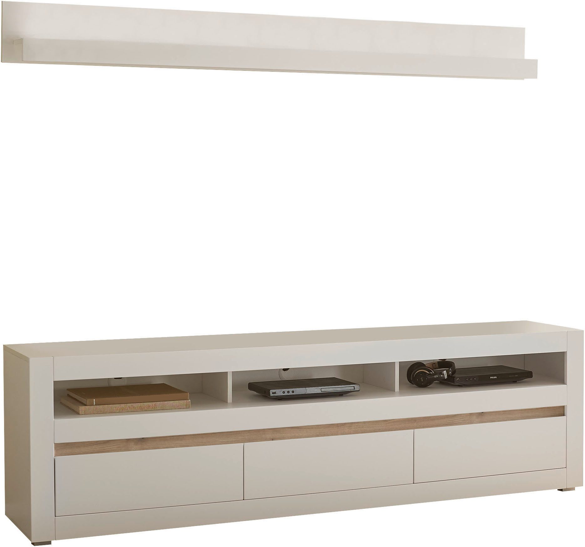 Home affaire Wohnwand Anbauwand in Weiß Matt, Wohnzimmer-Set mit austauschbarer Blende, (Set, 2-St), enhält Lowboard, Wandboard, zeitloses Design, 217 cm breit