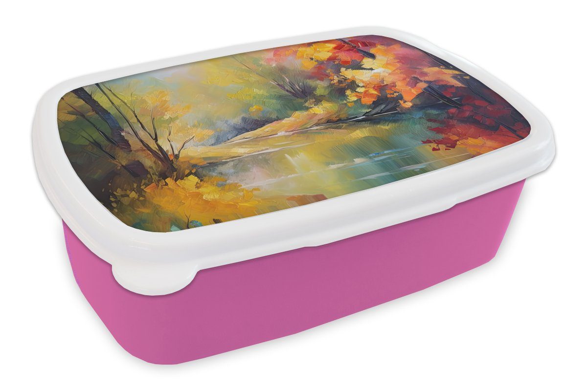 MuchoWow Lunchbox Landschaft - Ölgemälde - Fluss - Farbenfroh, Kunststoff, (2-tlg), Brotbox für Erwachsene, Brotdose Kinder, Snackbox, Mädchen, Kunststoff rosa