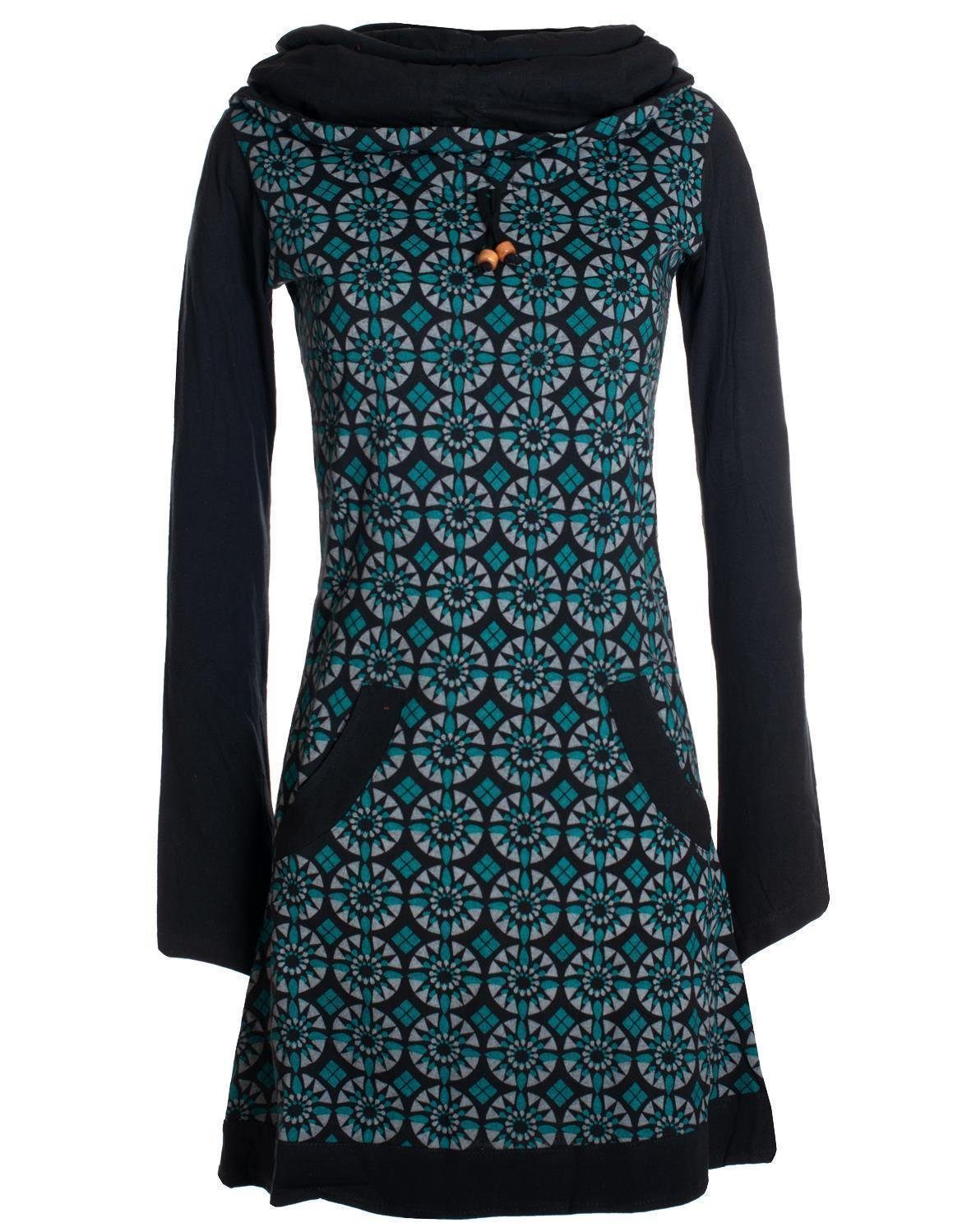 Vishes Jerseykleid Langarm Kleid Schalkragen Bedruckt 70er 80er Retro Hippiekleid