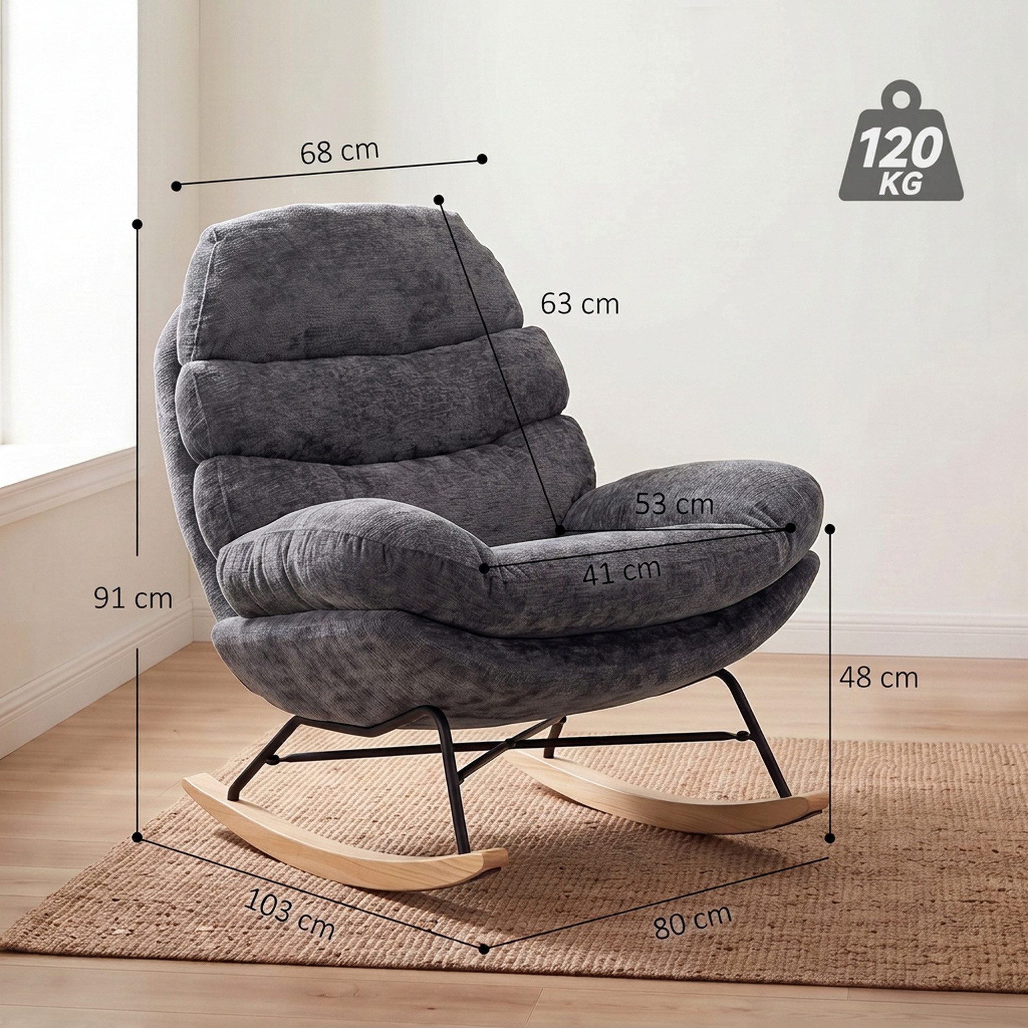 HOMCOM Schaukelstuhl Schaukelsessel mit Rückenlehne, Gepolstert Relaxsessel Lesesessel (Set, 1 St), Schneidersitz-Design, 105° Schaukelbewegung – Bild 3 von 5