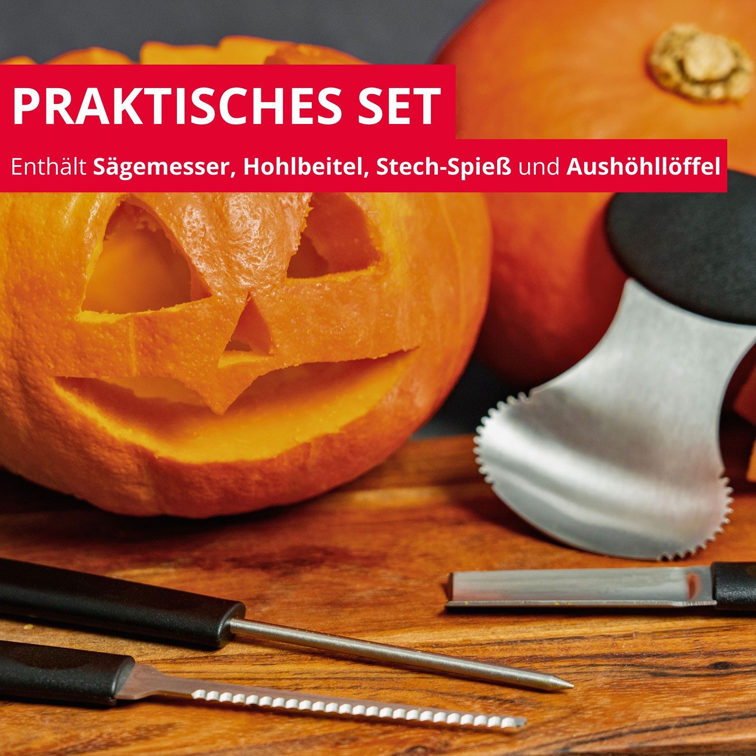 WESTMARK Tranchiermesser Schnitz-Set für Kürbisse, 4-tlg., inklusive Schnitz-Vorlagen, BPA-frei