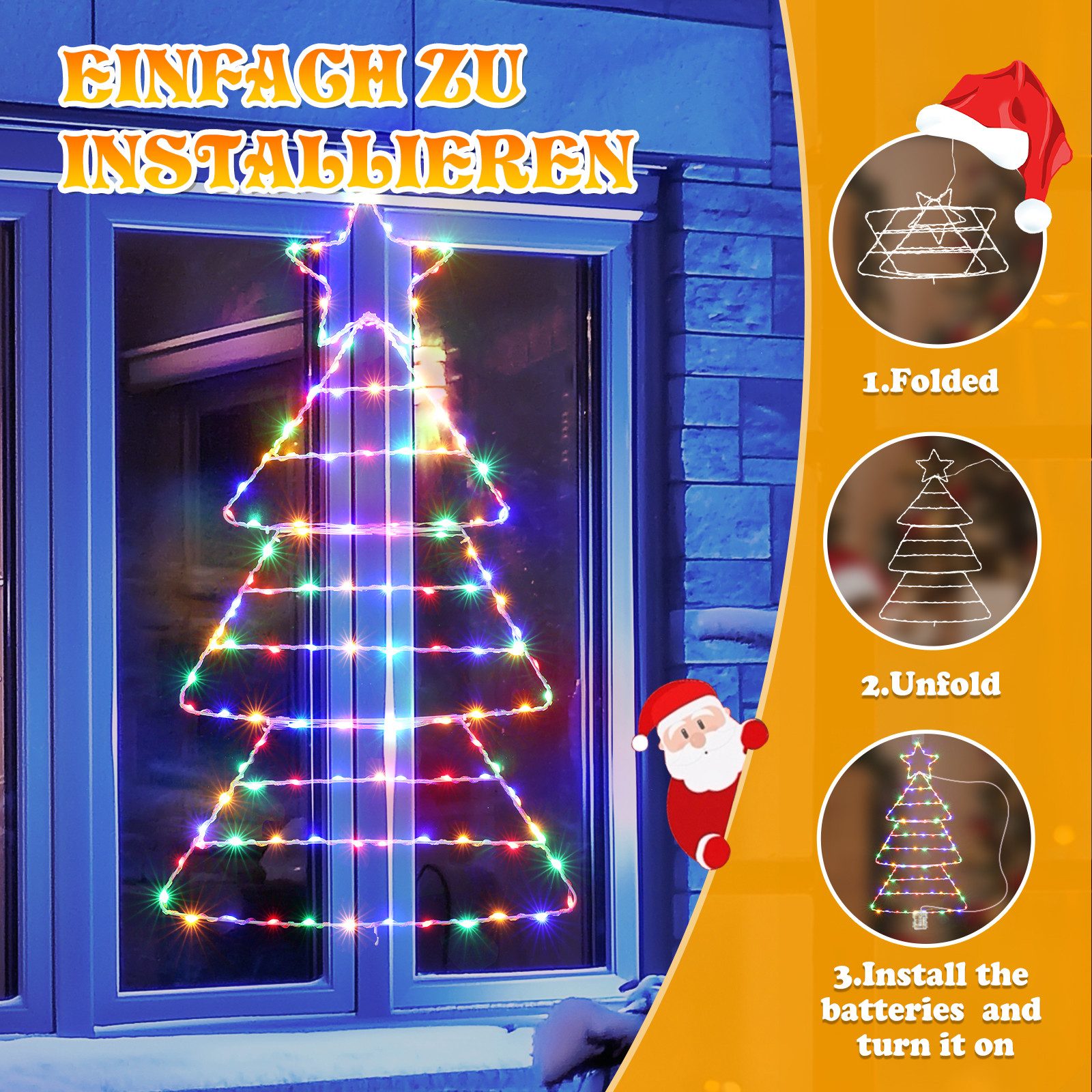 Quntis LED-Lichterkette LED Dekolicht Weihnachtsbaum Weihnachtsdeko 75 x 43CM mit 143/110 LEDs, Weihnachtsbeleuchtung Fenster für Innen/Außen, Timer Speicherfun – Bild 4 von 5