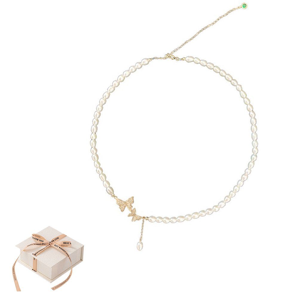 Invanter Perlenkette Natürliche Süßwasserperlenkette für Damen, Schmetterlingsanhänger