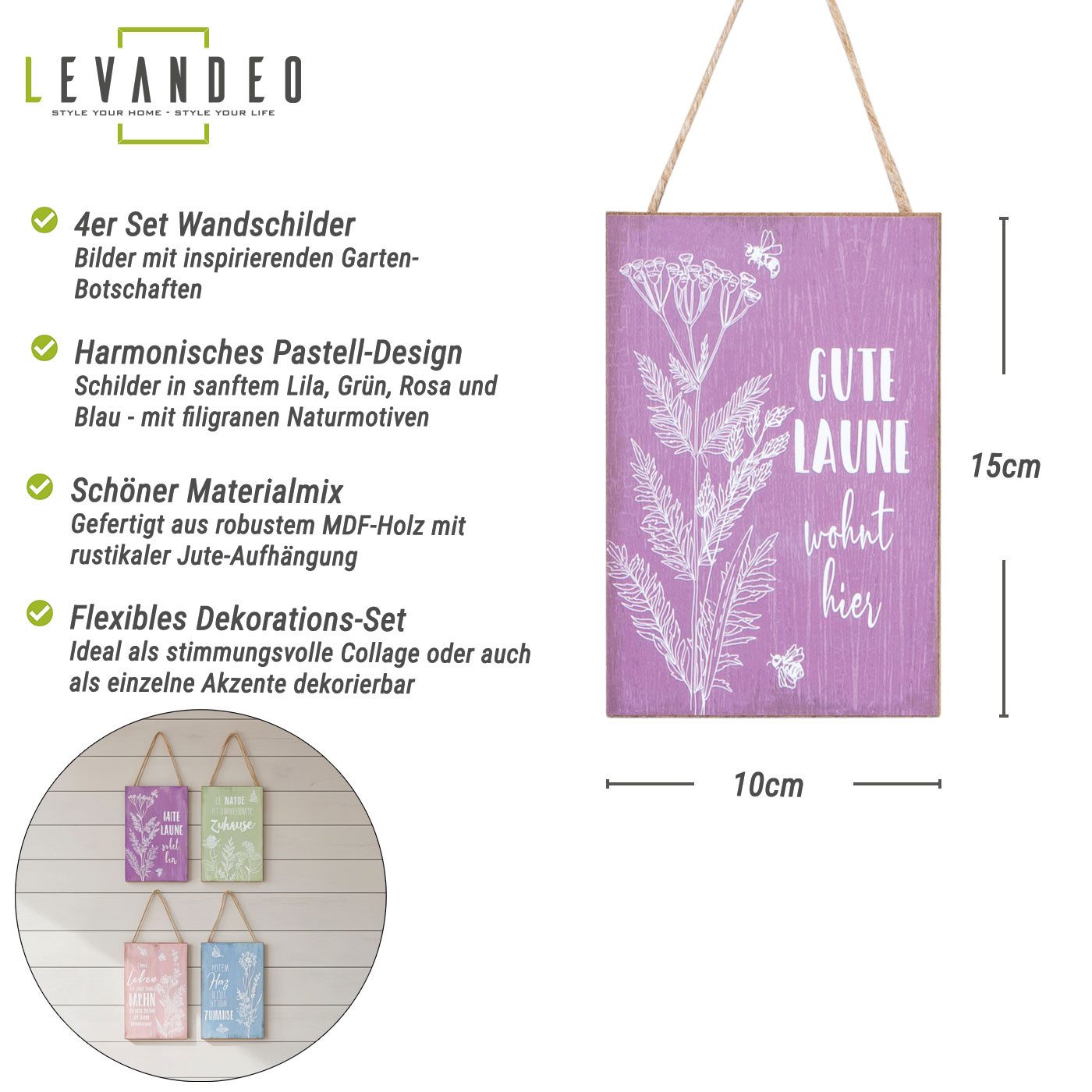 Levandeo® Holzbild 4er Set Deko Schilder 10x15 MDF Holz Pastell Sprüche Garten Hängedeko