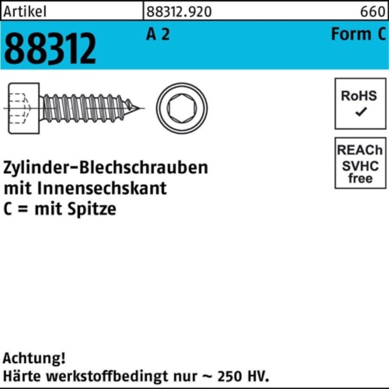 38 Spitze/Innen-6kt 6,3x R A C 88312 Pack Blechschraube Reyher 200er Zylinderblechschraube