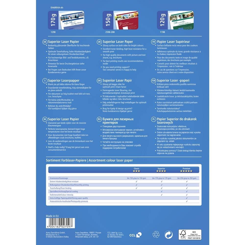 Avery Zweckform Laser-Druckerpapier Avery Zweckform Business Colour Laser Papier, A4 1198, Optimiert für Laser, Glänzend, Beide Seiten bedruckbar