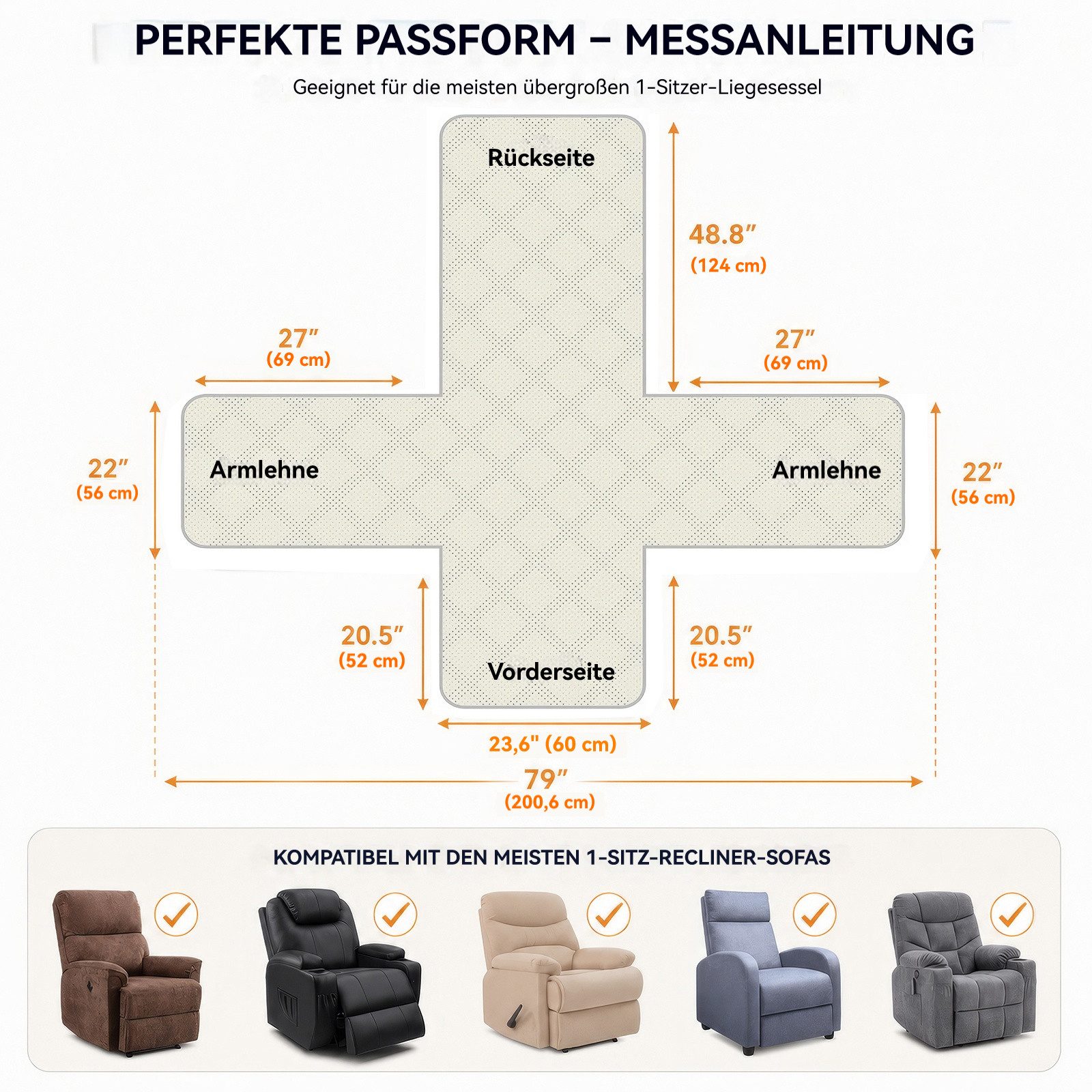 LEMLIT Sesselschoner Wasserdicht Sofabezug mit Seitentaschen,Anti-Slip 1 Sitzer, Sesselüberwurf Sessel überzug, Abnehmbar und Waschbar – Bild 2 von 5
