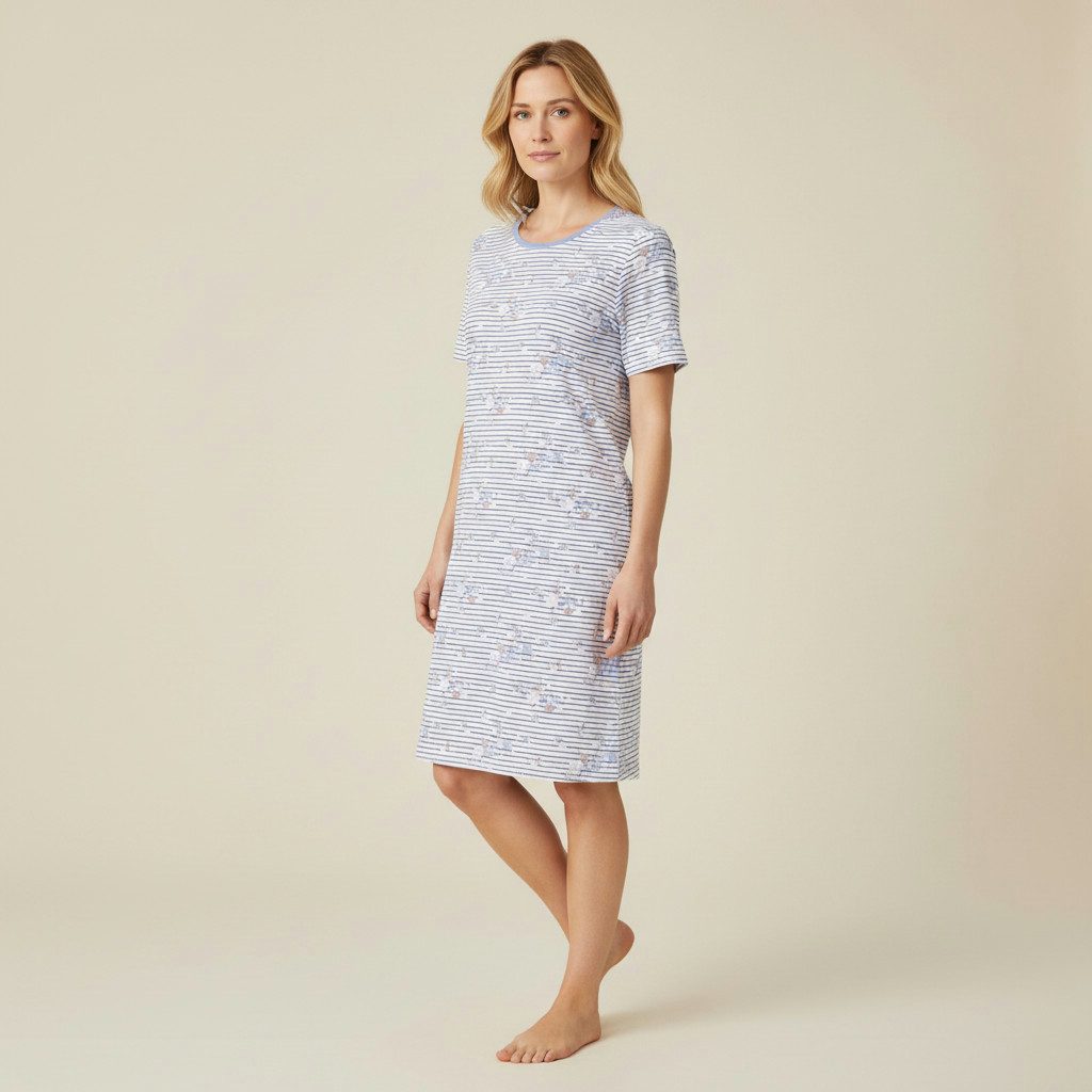 Ringella Nachthemd - Sleepshirt im Ringeldessin mit Blumendruck 100% Baumwolle – Bild 4 von 4