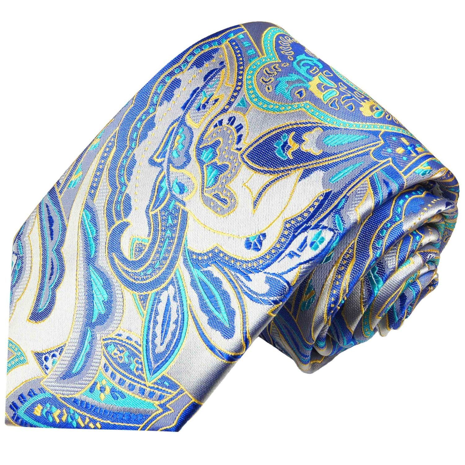 Seide Malone Herren Schlips (8cm), 100% Seidenkrawatte Paul Elegante 2019 silber brokat paisley Breit Krawatte blau