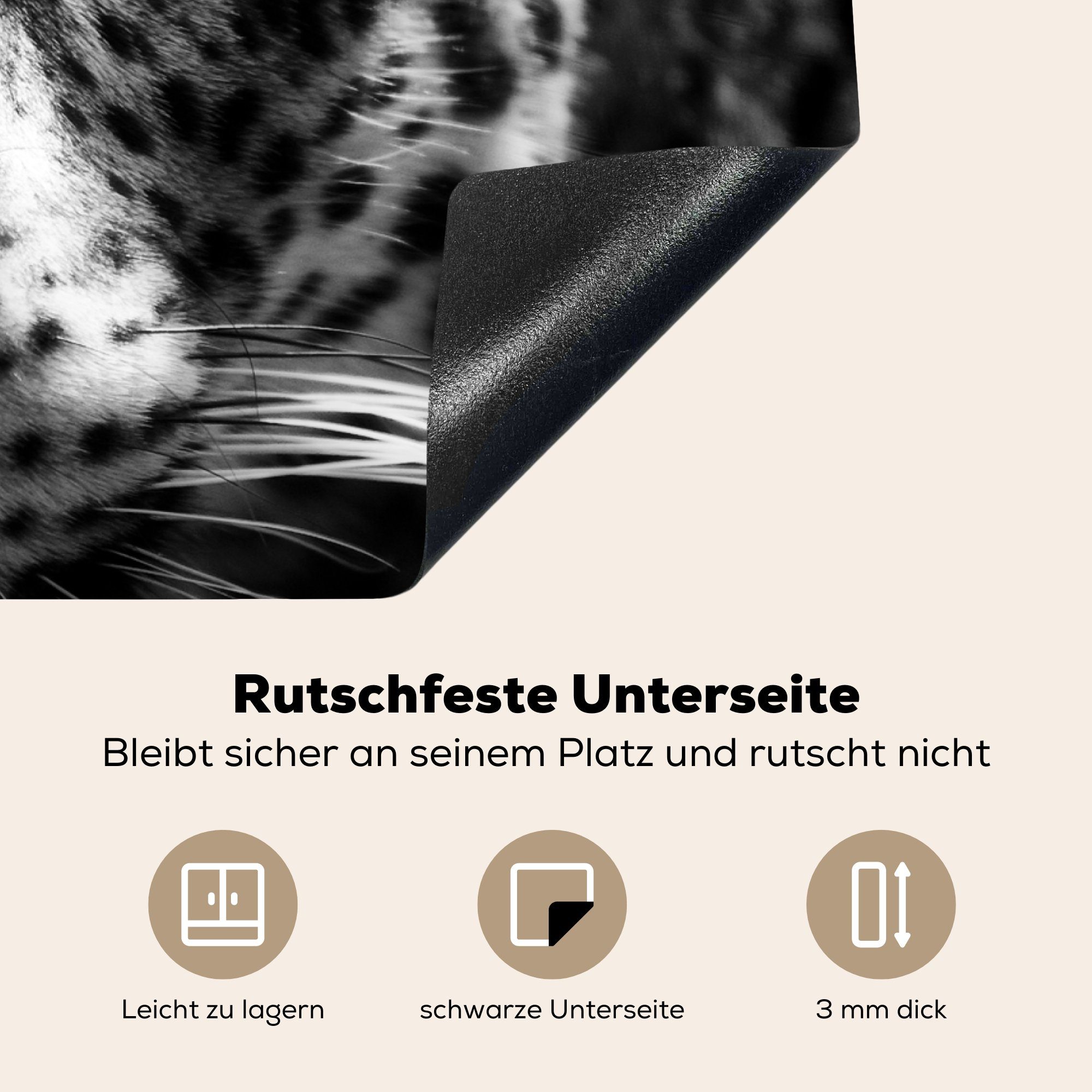 MuchoWow Arbeitsfläche in Persischer cm, (1 schwarzem Ceranfeldabdeckung Schwarz, 70x52 Hintergrund Leopard Nahaufnahme vor Vinyl, Herdblende-/Abdeckplatte nutzbar, Mobile tlg),