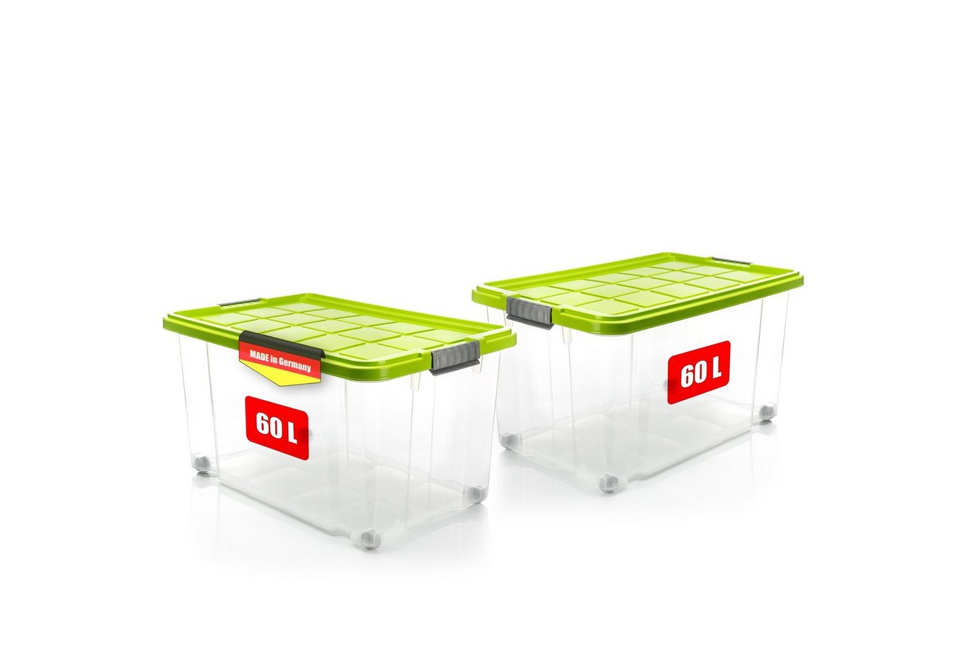 BigDean Aufbewahrungsbox 60 L mit Deckel groß – robuste Stapelbox rollbar mit Klickverschlüssen (Set, 2 St., Aufbewahrungsbox + Deckel + Rollen), Sicher Stapelbar, Platzsparend, Transparent, Rollen, Klickverschlüsse