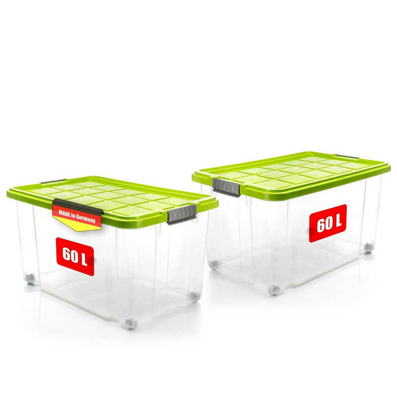 BigDean Aufbewahrungsbox 2x 60 L Aufbewahrungsbox mit Deckel + Rollen limegrün Stapelbox