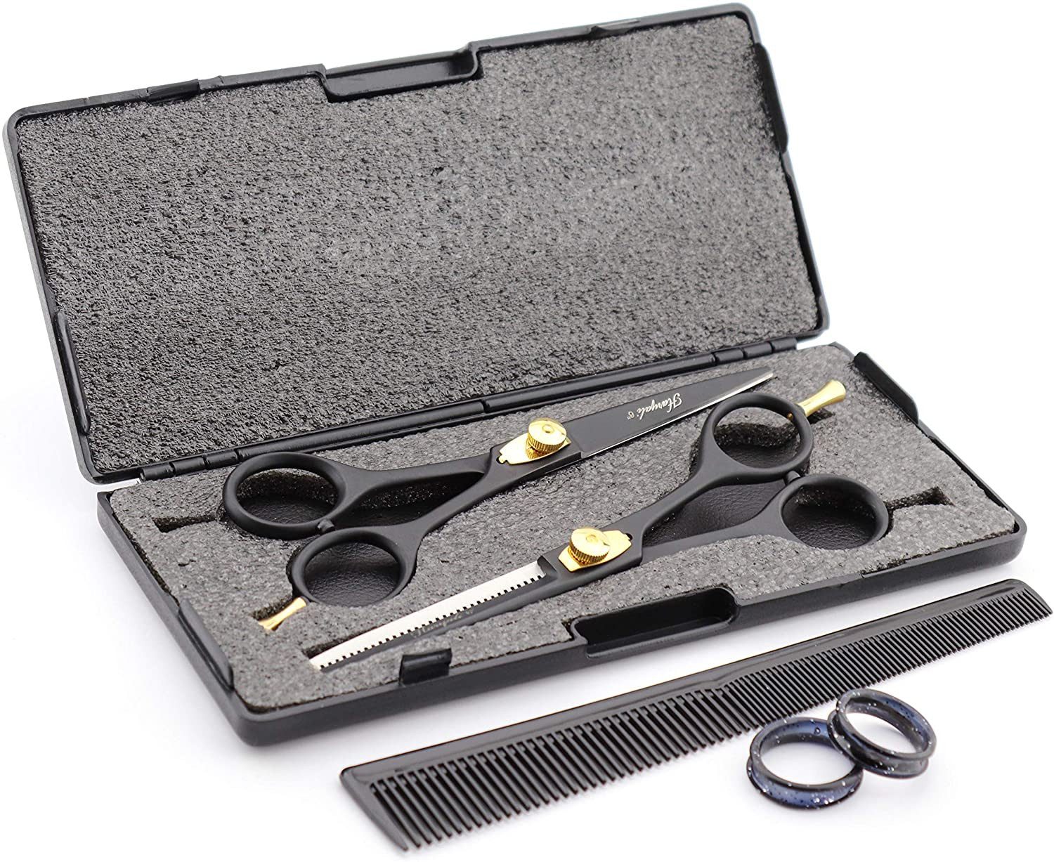 Haryali London Scheren-Set 6-Zoll-Scherenset mit Schneide- und Effilierschere in Schwarzgold, (1 paar, 2-tlg., 1x cutting scissors, 1x Effilierschere, 1x Kamm, 1x Öl, 1x Reinigungstuch), Bestens geeignet für professionelle Friseur- und Kosmetikscheren