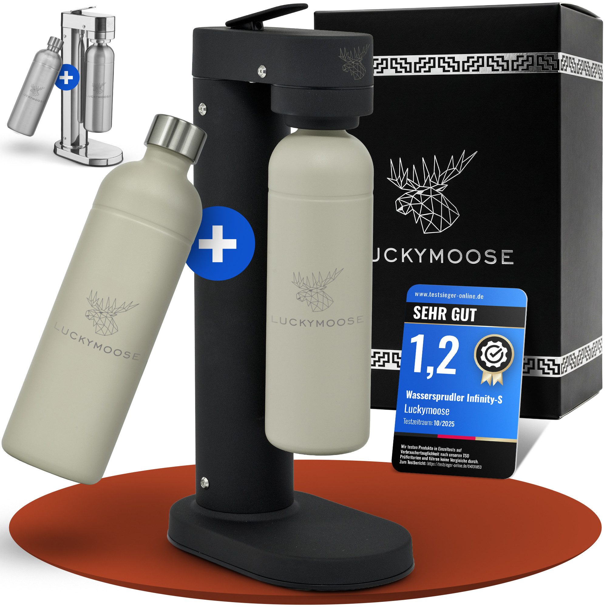 Luckymoose Wassersprudler Infinity-S mit 2x 1,25L langlebige Edelstahlflaschen, (2xSand-tlg), Spart bis zu 25% CO2, Flaschen spülmaschinenfest & ohne Ablaufdatum