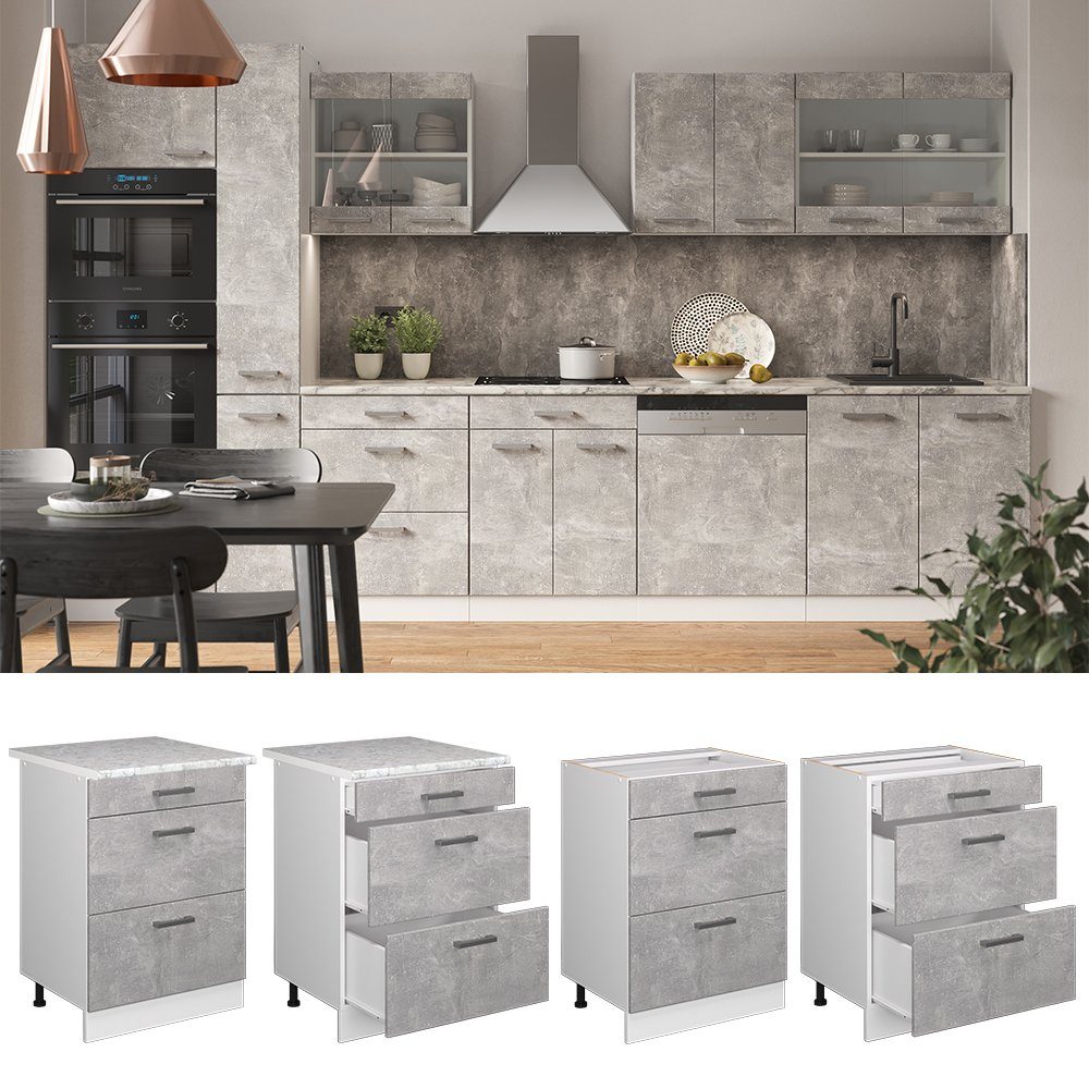 Vicco Unterschrank R-Line, Beton/Weiß, 60 cm mit Schubladen, ohne Arbeitsplatte (1-St)