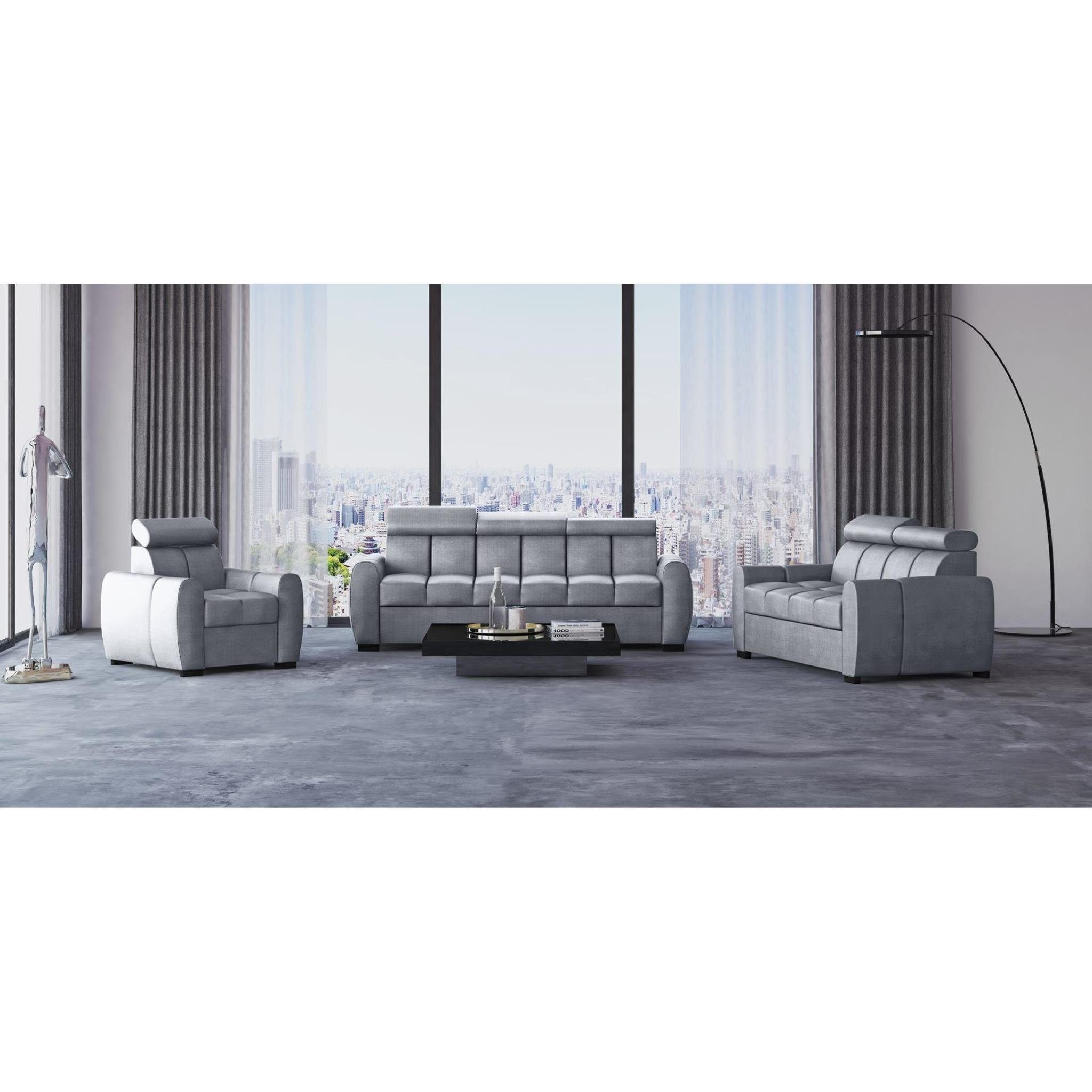 Beautysofa Polstergarnitur Gomez, (inkl. Schlaffunktion und Bettkasten, verstellbaren Kopfstützen), Designersofa 3+2+1 in Velourstoff, Rundumbezug Silber (element 24)