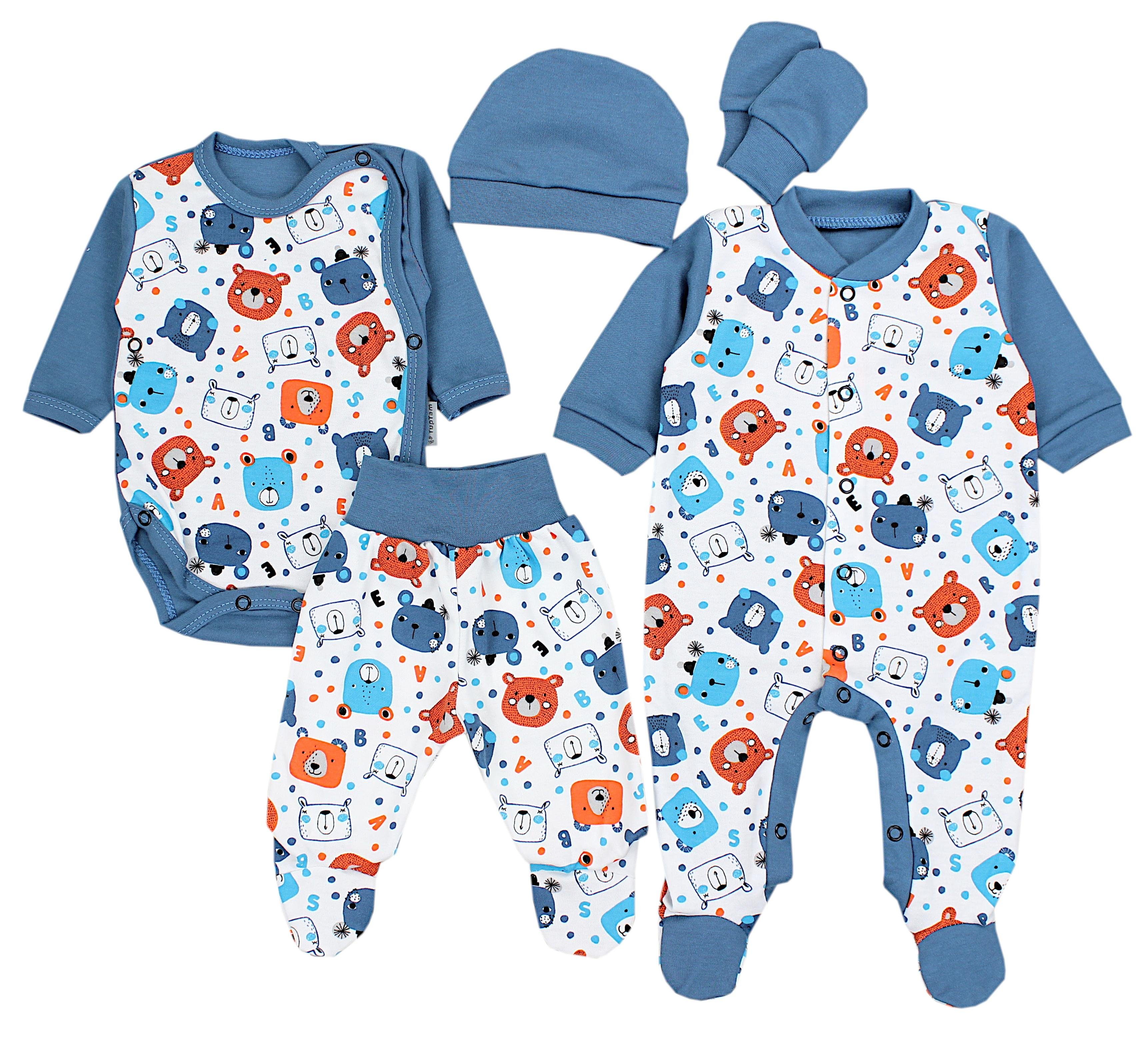 TupTam Erstausstattungspaket Baby Jungen Bekleidung Set Body Strampler Mütze Fäustlinge 5 tlg Teddybär Blau | Baby Erstausstattungspakete