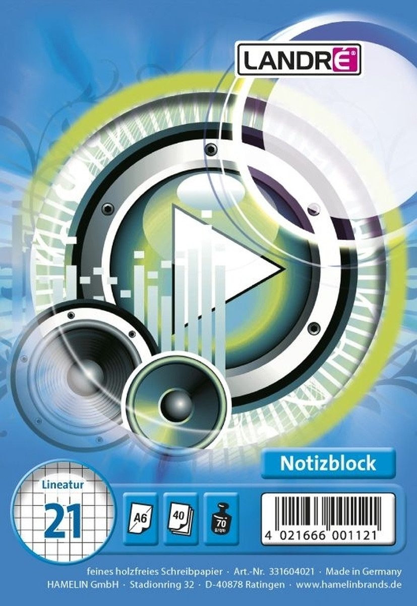 LANDRE Notenblock Spiralnotizblock A6 40 Blatt 70 g/qm liniert