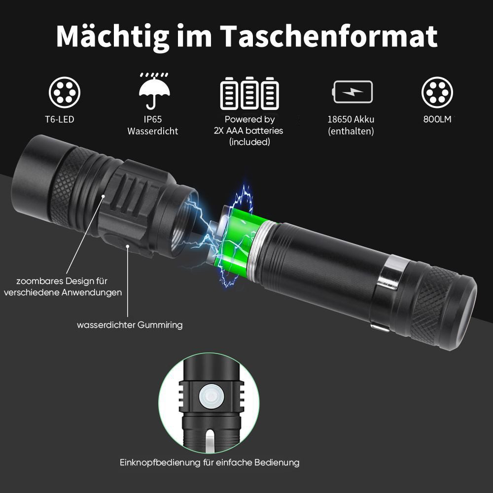 HUGERSTONE LED Taschenlampe Aufladbar Taschenlampe 800lm superhell (2-St., günstig online kaufen