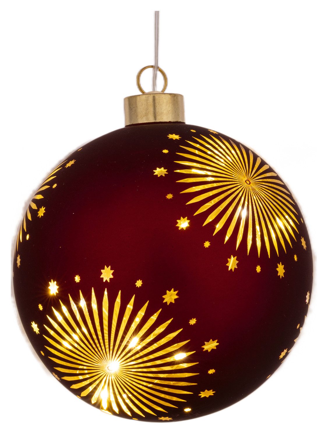 HGD Weihnachtsbaumkugel LED Glaskugel - Satin-Rot mit Sternendekor - 13 cm - mit Timer, Ideal für Fenster, Zweige, Kränze oder festliche Arrangements