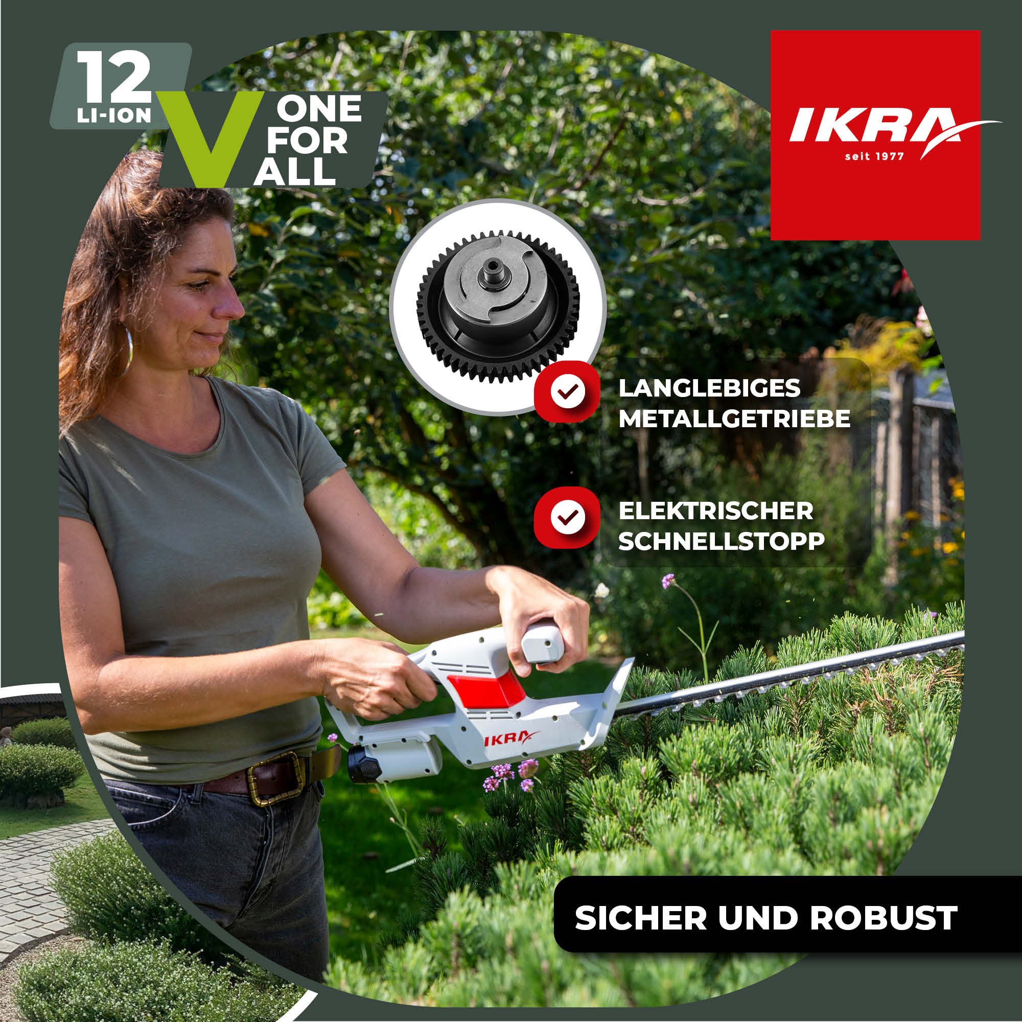 ikra GmbH Akku-Heckenschere IAHS 1240, 12 Volt, 41 cm Schnittlänge, 14 mm Schnittstärke mit Schutzbrille – Bild 5 von 5