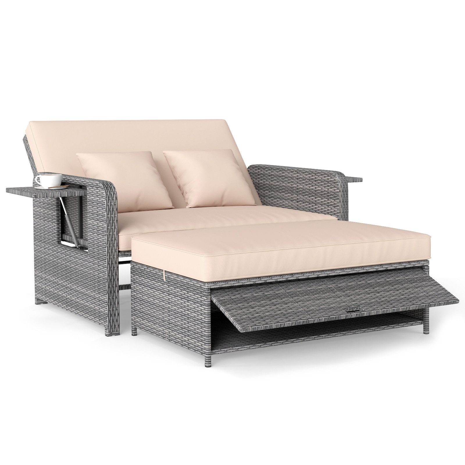 COSTWAY Loungebett, Gartenliege mit Auflage, verstellbarer Rückenlehne, Stauraum Rattan