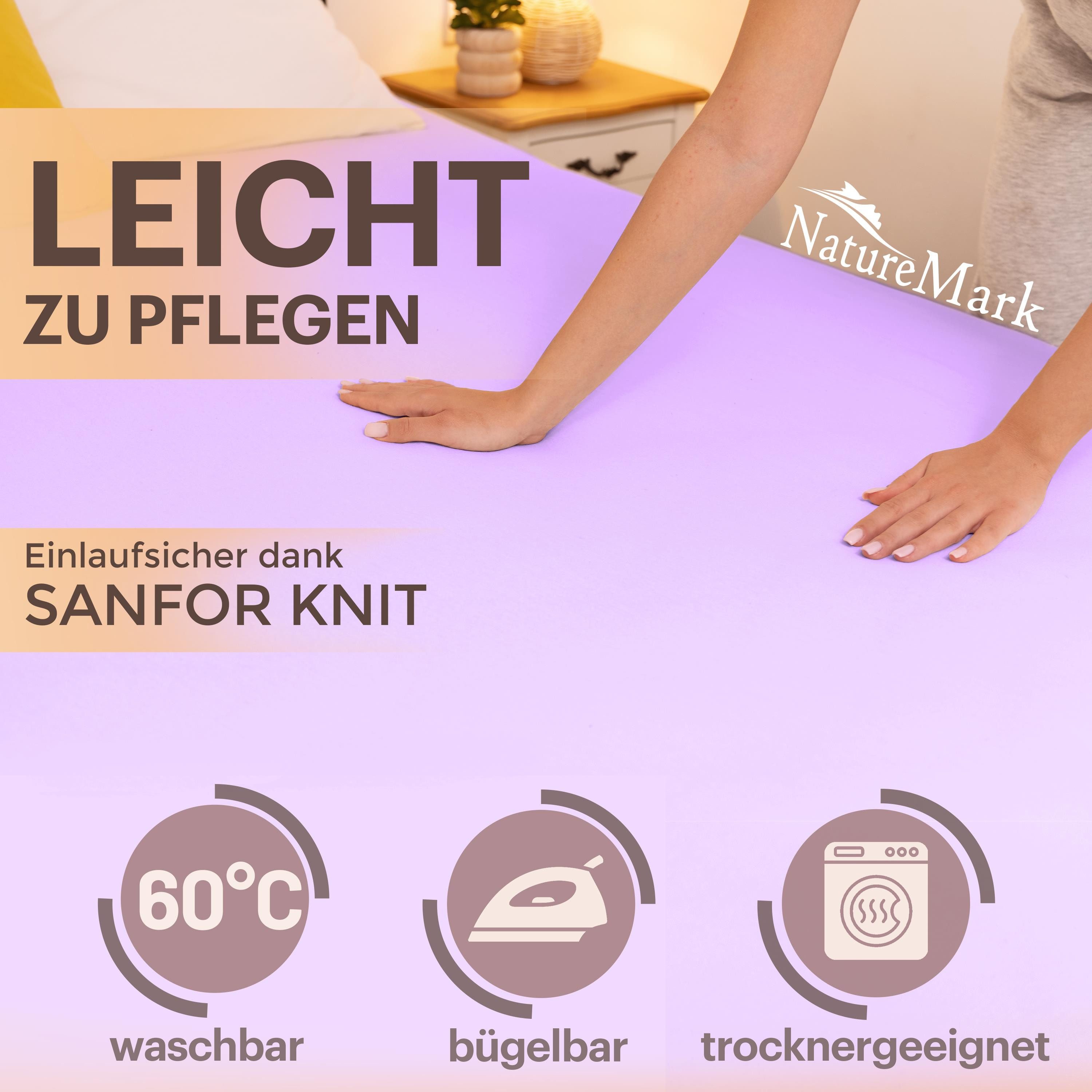 NatureMark Spannbettlaken Boxspringbett Spannbetttuch 200x220cm, Baumwolle, Gummizug: rundum, (1 Stück), 40 cm Steghöhe - 200 x 220cm Spannbetttuch, Flieder – Bild 3 von 5