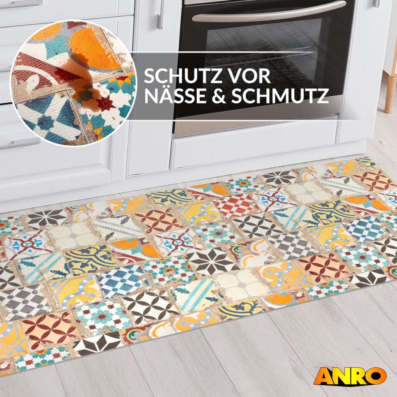 ANRO Küchenläufer abwaschbar Fliesenmix LADY Läufer pflegeleicht Küchenteppich, Rechteckig, Höhe: 3 mm, robust schmutzabweisend 67x100cm Oriental Bunt robust – Bild 5 von 5