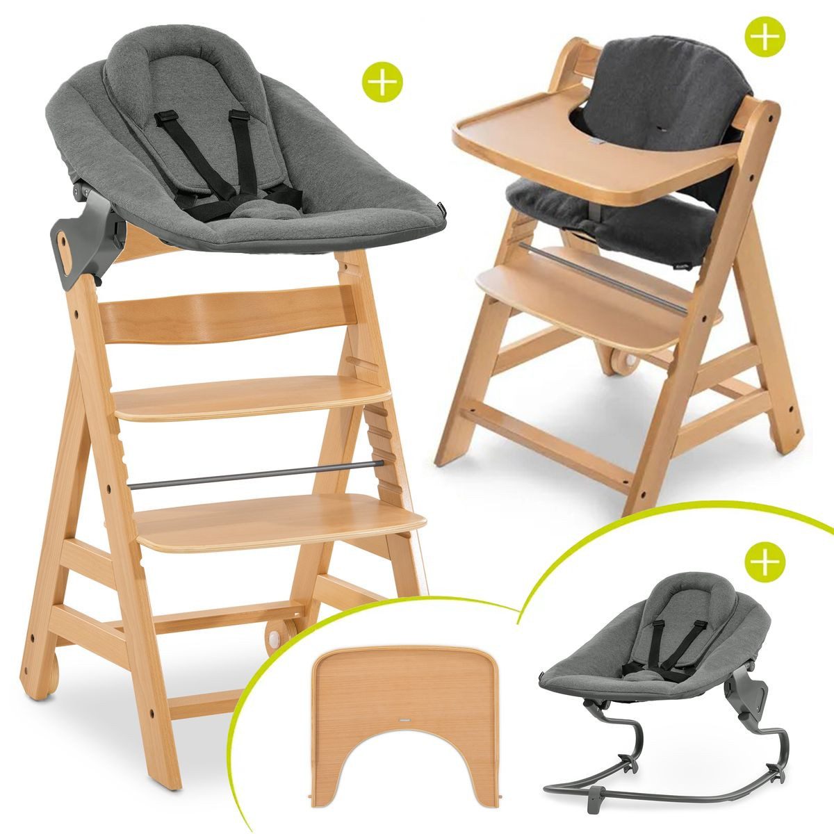 Hauck Hochstuhl Alpha Move Natur Newborn Set, Holz Babystuhl ab Geburt mit Neugeborenenaufsatz, Sitzkissen, Essbrett