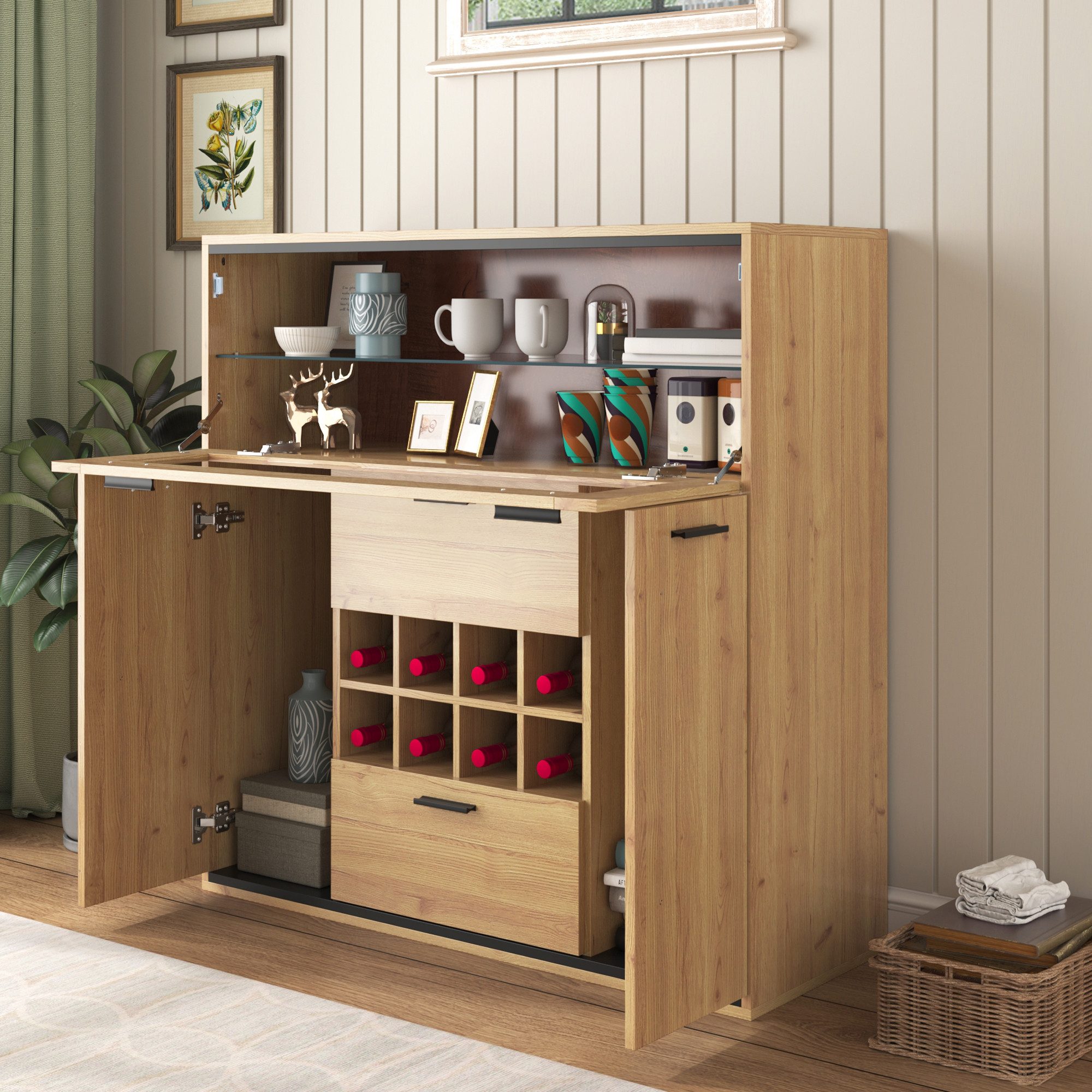 Furnishings Home Weinschrank Sideboard LED Barschrank Beistellschrank Mit Schubladen, Glastür Facher, und 16-farbigen variablen LED-Leuchten