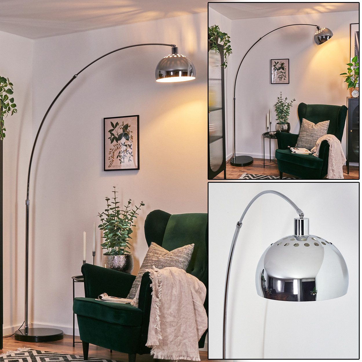 Bogenlampe Stehlampe aus Metall in Schwarz/Chrom/Weiß im Retro/Vintage-Design
