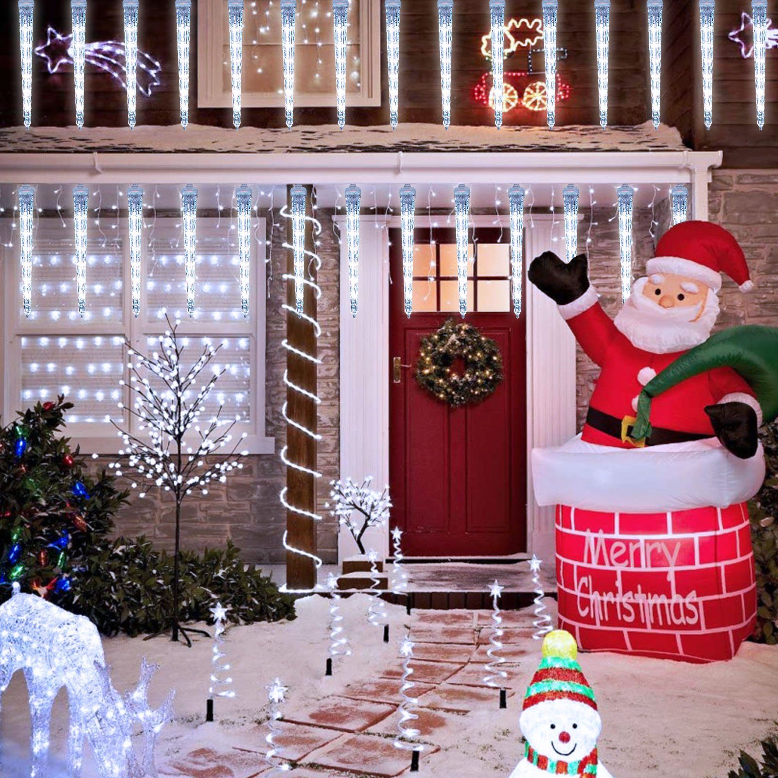 Sunicol LED-Lichterkette für Schneefalleffekt Meteoritenschauer, Eiszapfen, Weiß Weihnachtsbeleuchtung, Wasserdichte, Lichterregen, Außen/Garten/Hochzeit/Party