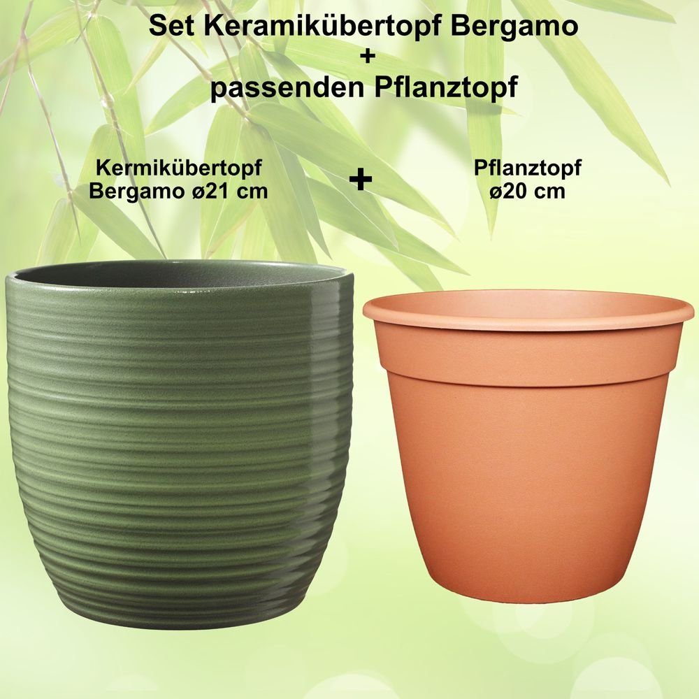 Heimwerkercenter Übertopf Set - Keramikübertopf Bergamo ø21 cm, blattgrün + Pflanztopf ø20