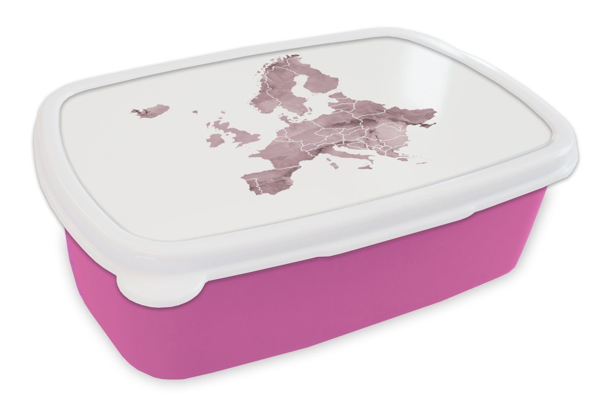 MuchoWow Lunchbox Karte von Europa - Aquarell - Violett, Kunststoff, (2-tlg), Brotbox für Erwachsene, Brotdose Kinder, Snackbox, Mädchen, Kunststoff rosa
