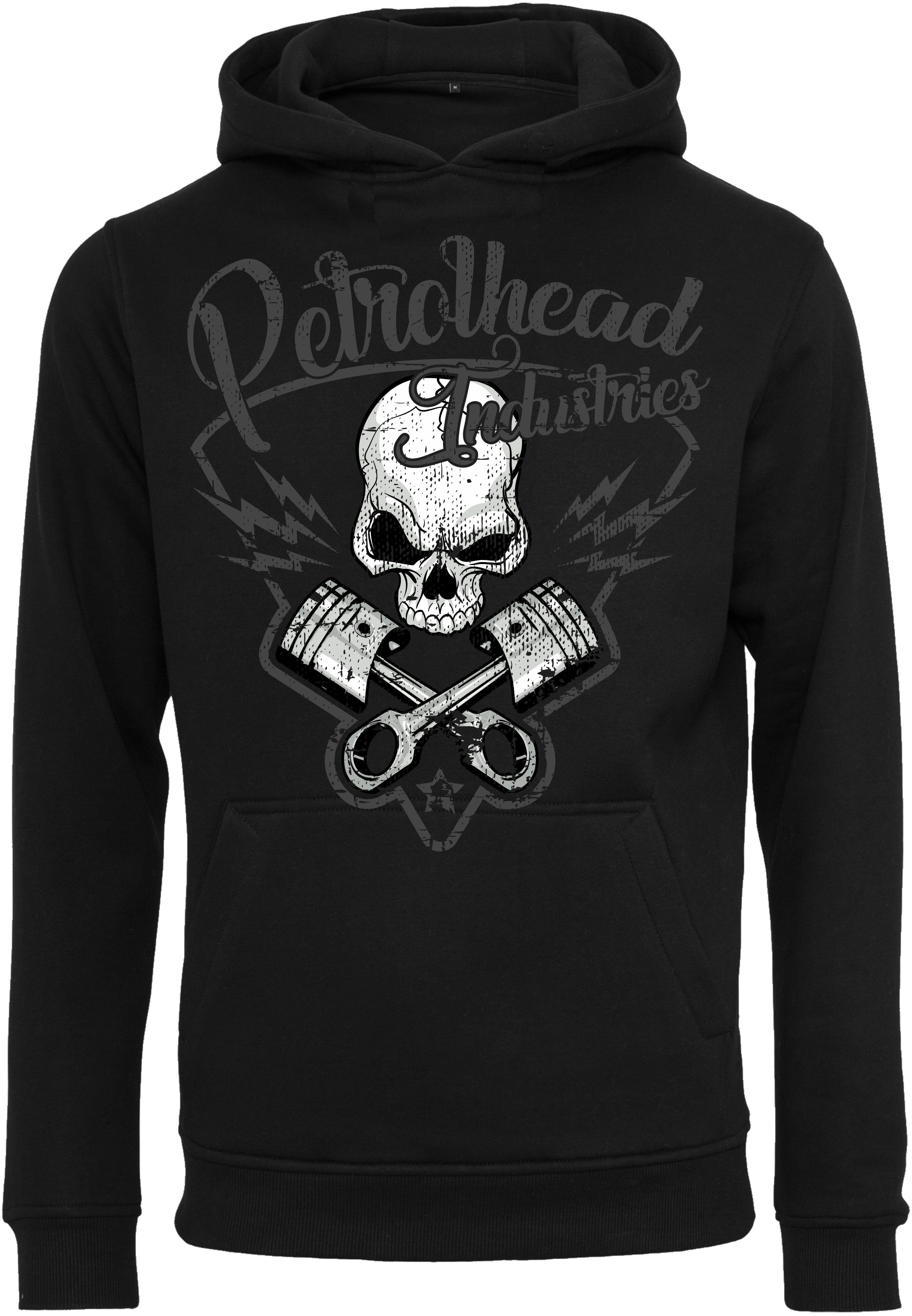Baddery Kapuzenpullover Auto Hoodie: "Skull & Pistons" - Tuning Tuner Autoliebhaber, hochwertiger Siebdruck, auch Übergrößen
