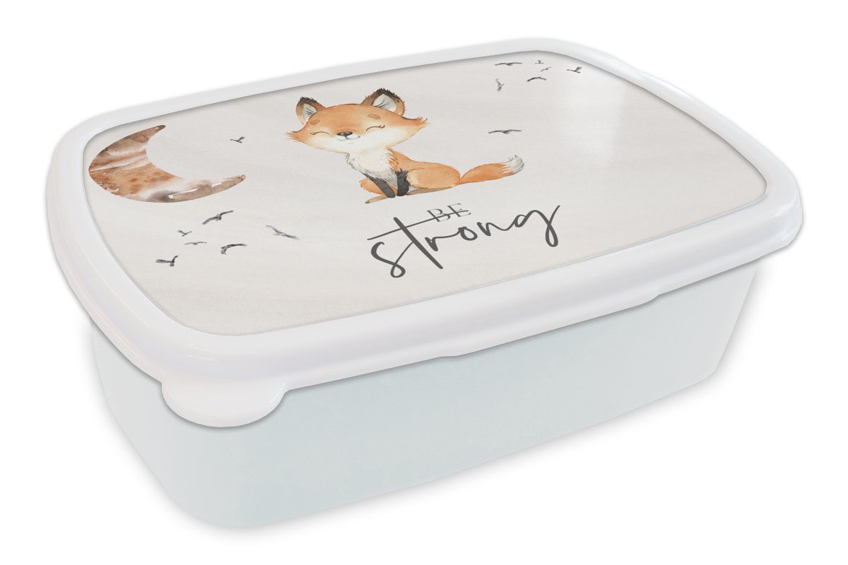 MuchoWow Lunchbox Zitate - Aquarell - Stark sein - Kinder - Fuchs - Tiere, Kunststoff, (2-tlg), Brotbox für Kinder und Erwachsene, Brotdose, für Jungs und Mädchen weiß