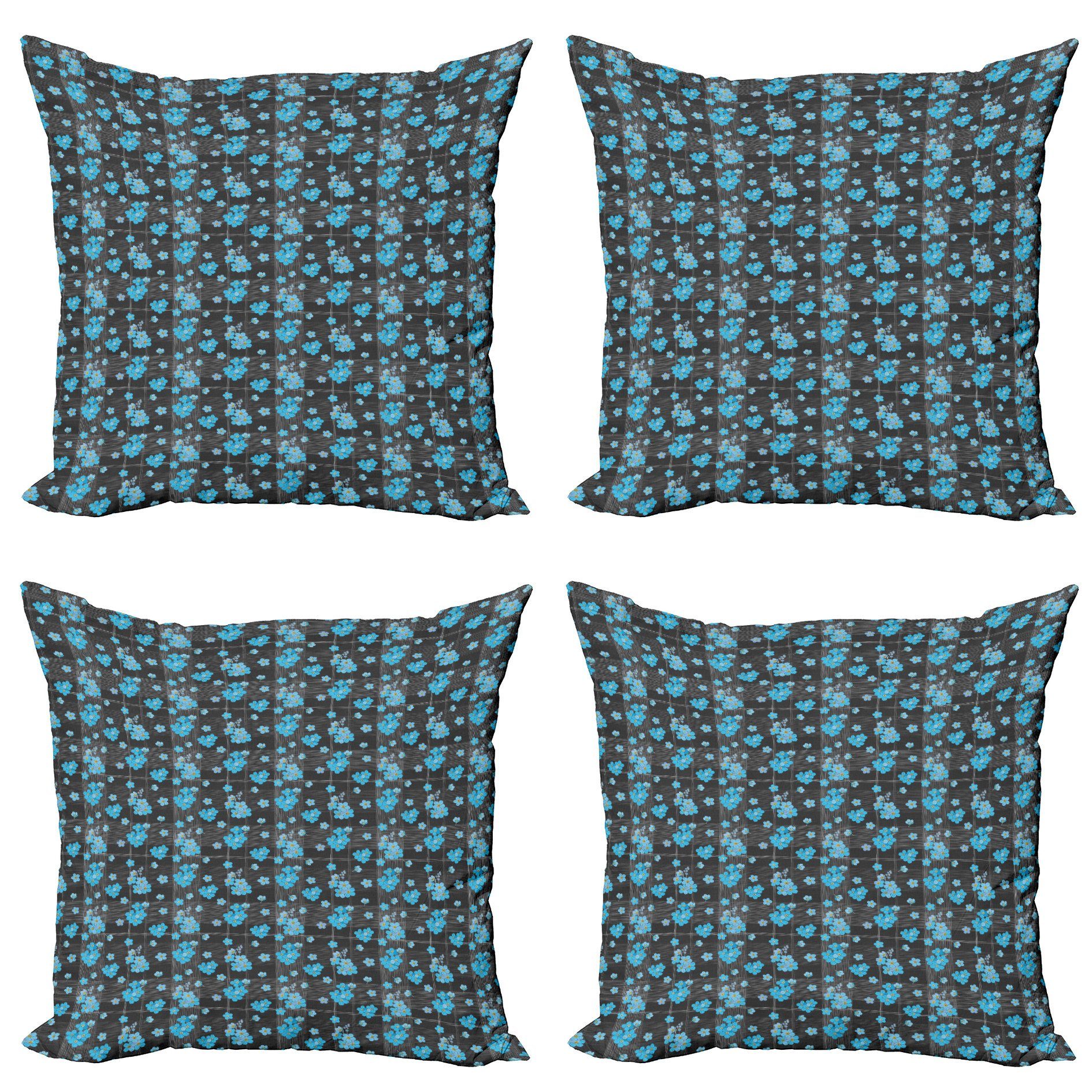 Kissenbezüge Modern Accent Doppelseitiger Digitaldruck, Abakuhaus (4 Stück), Blume Blaue Blüten auf Gitter