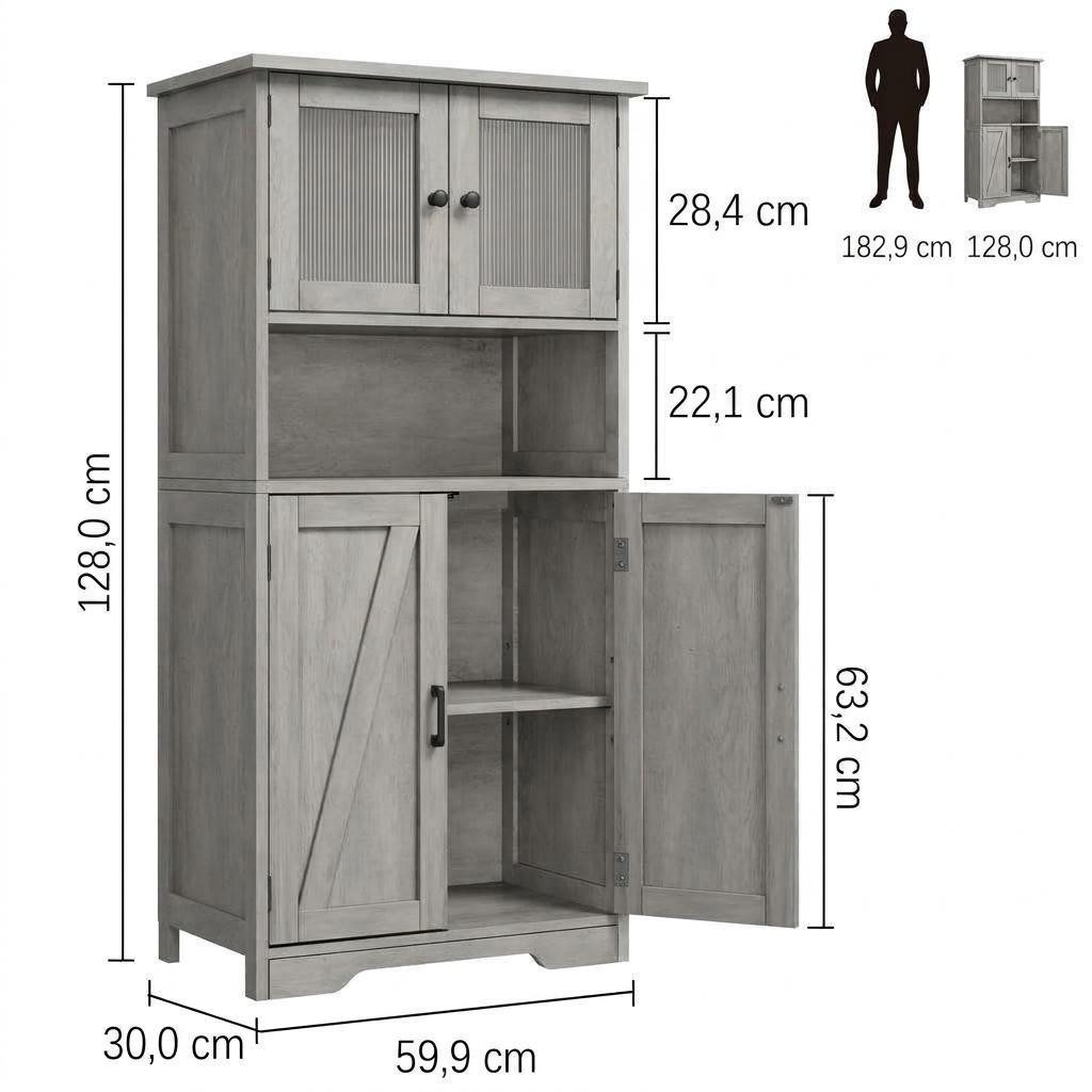 GarveeMore Hochschrank mit 4 Türen,Hochschrank Buffetschrank mit verstellbarem Einlegeboden Vitrinenschrank mit 4 Fächer für Küche Wohnzimmer Badezimmer,128cm