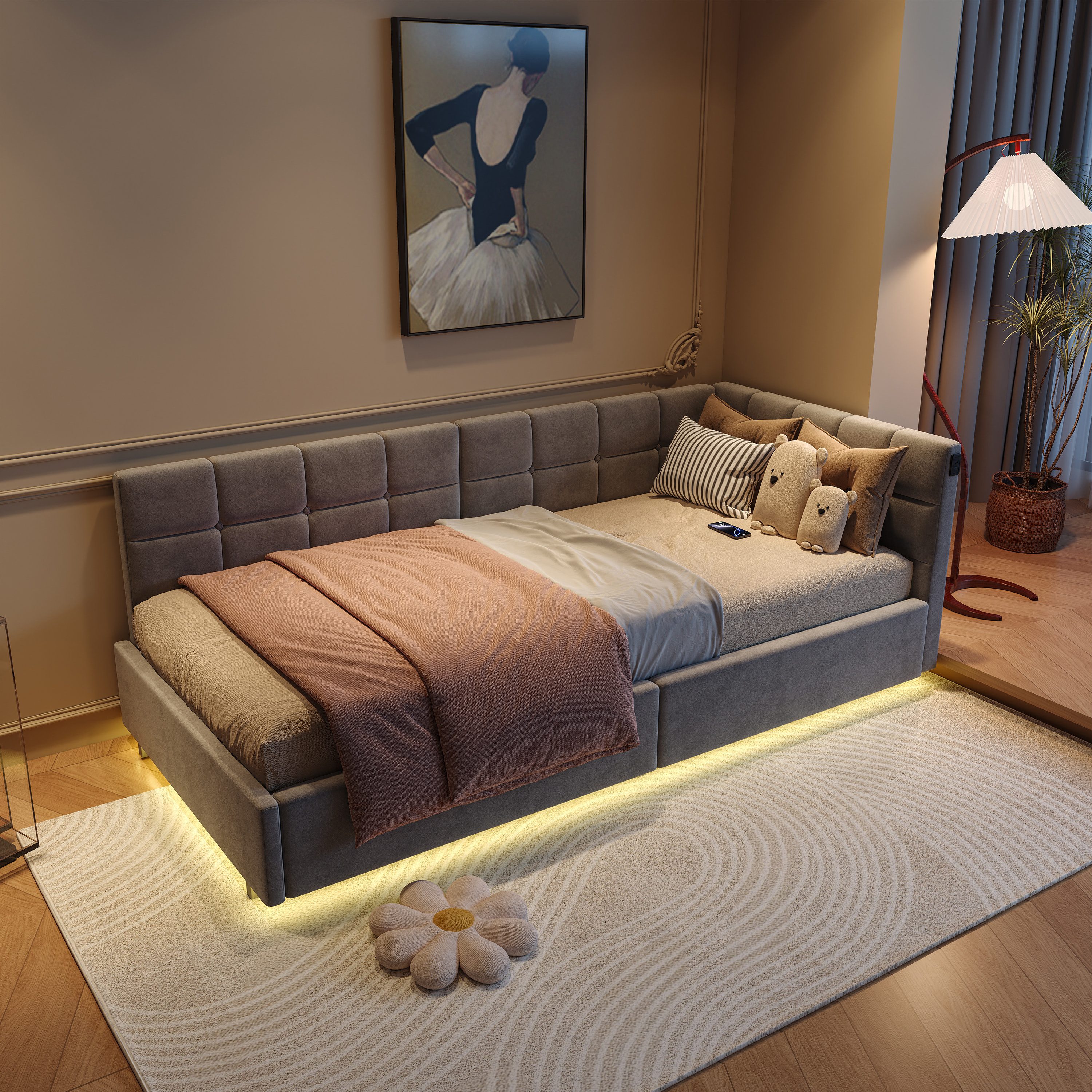 Simurq Daybed Tagesbett 90x200 mit Stauraum, Samtbett, Polsterbett, Gästebett, mit LED & USB Port, L-Form, Mit Lattenrost, Wohnliches Design