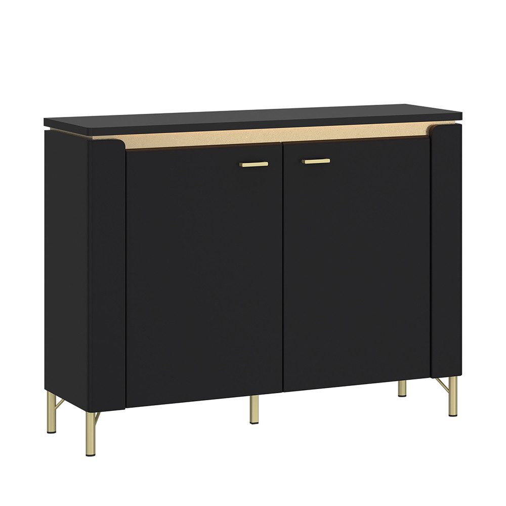 Lomadox Kommode NOLA-129, Schwarz matt mit goldfarbenen Akzenten, 2 Türen, Breite 110cm