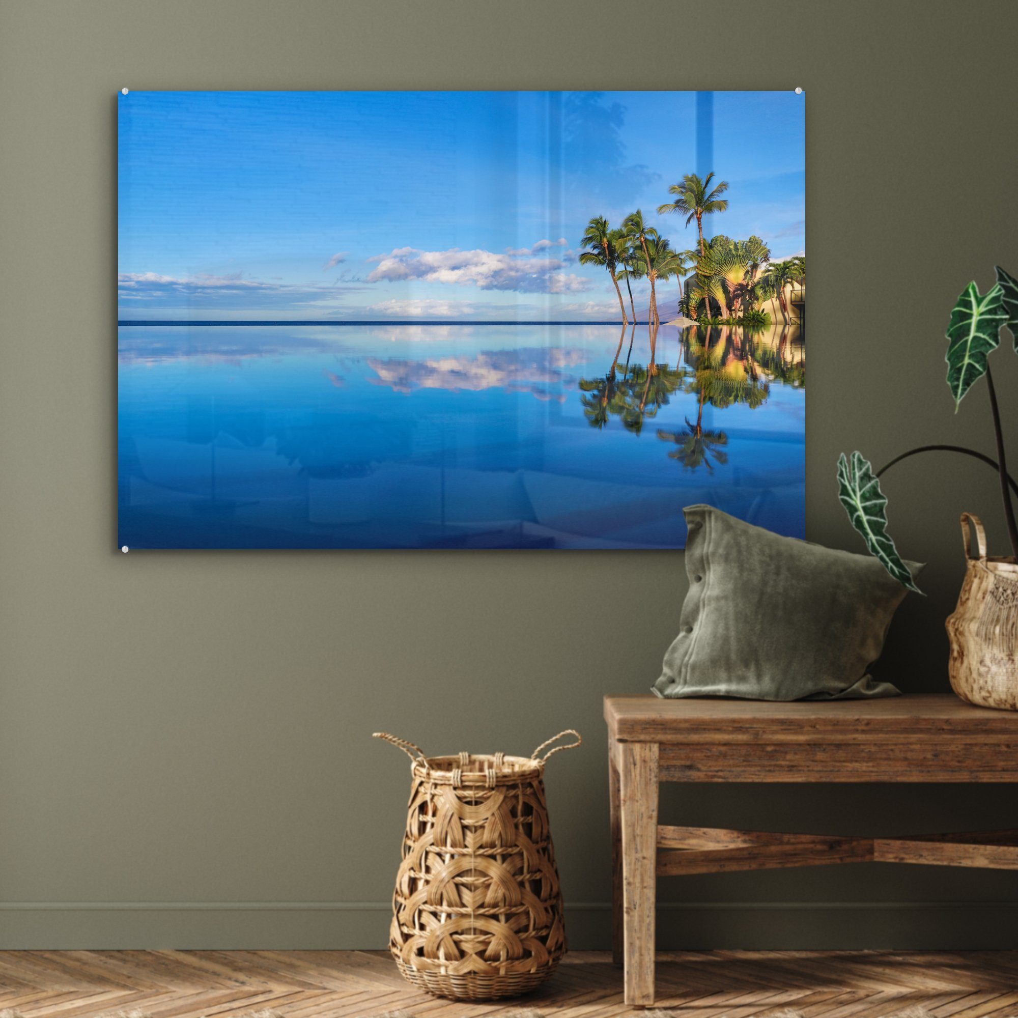 MuchoWow Acrylglasbild Am St), Acrylglasbilder in Wohnzimmer & Wasser, Beach (1 Palmen sich Wailea spiegeln im Hawaii Schlafzimmer die